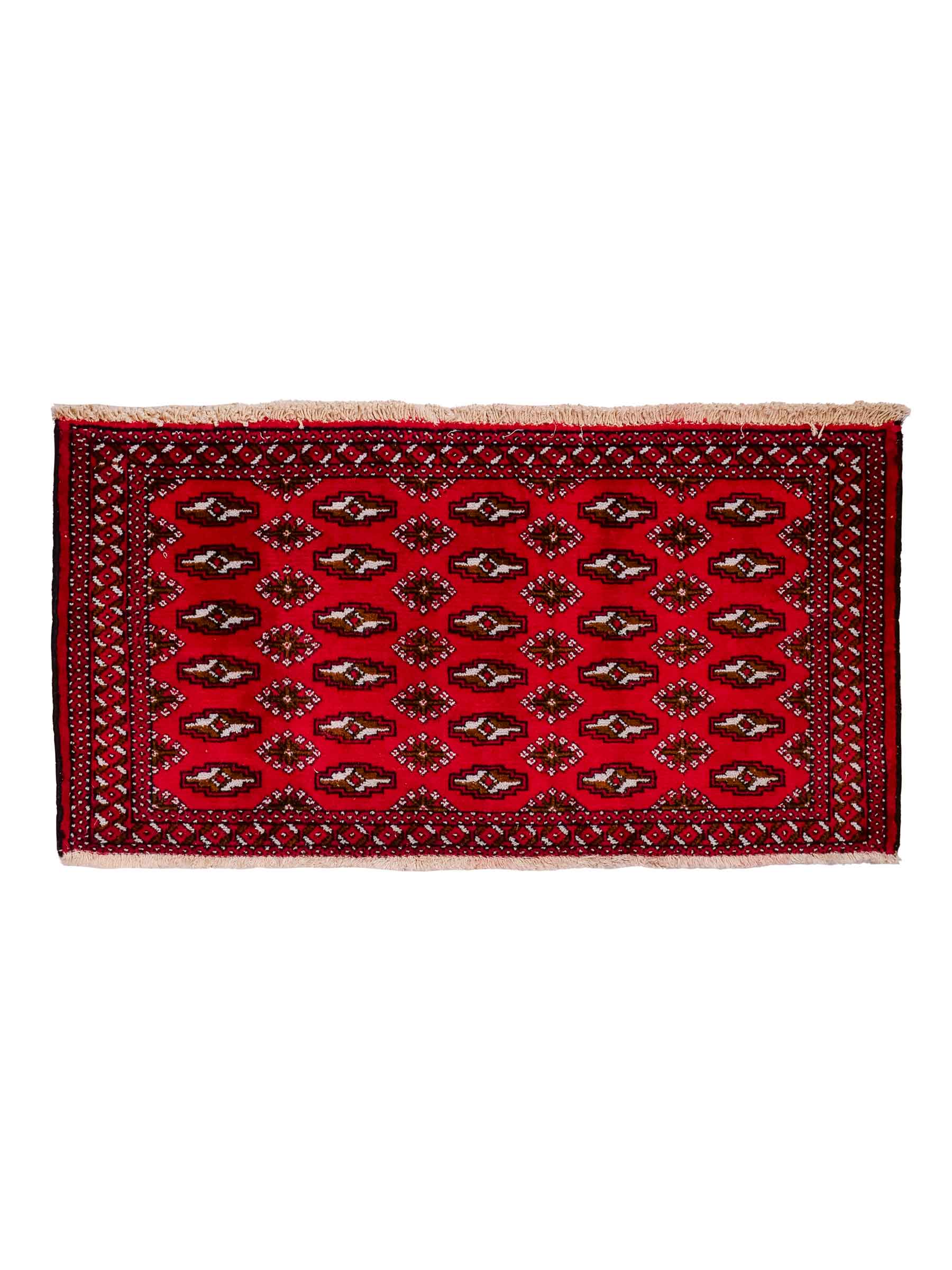 Handgeknüpfter Vintage Turkaman Nomadenteppich von Khademi aus Wolle, rot. Bukhara Allover-Design. Von Hand geknüpft in Iran. Größe: 53 cm x 110 cm. Teppichnummer: DB3-1022. Verkauf durch Jupiter Intl.