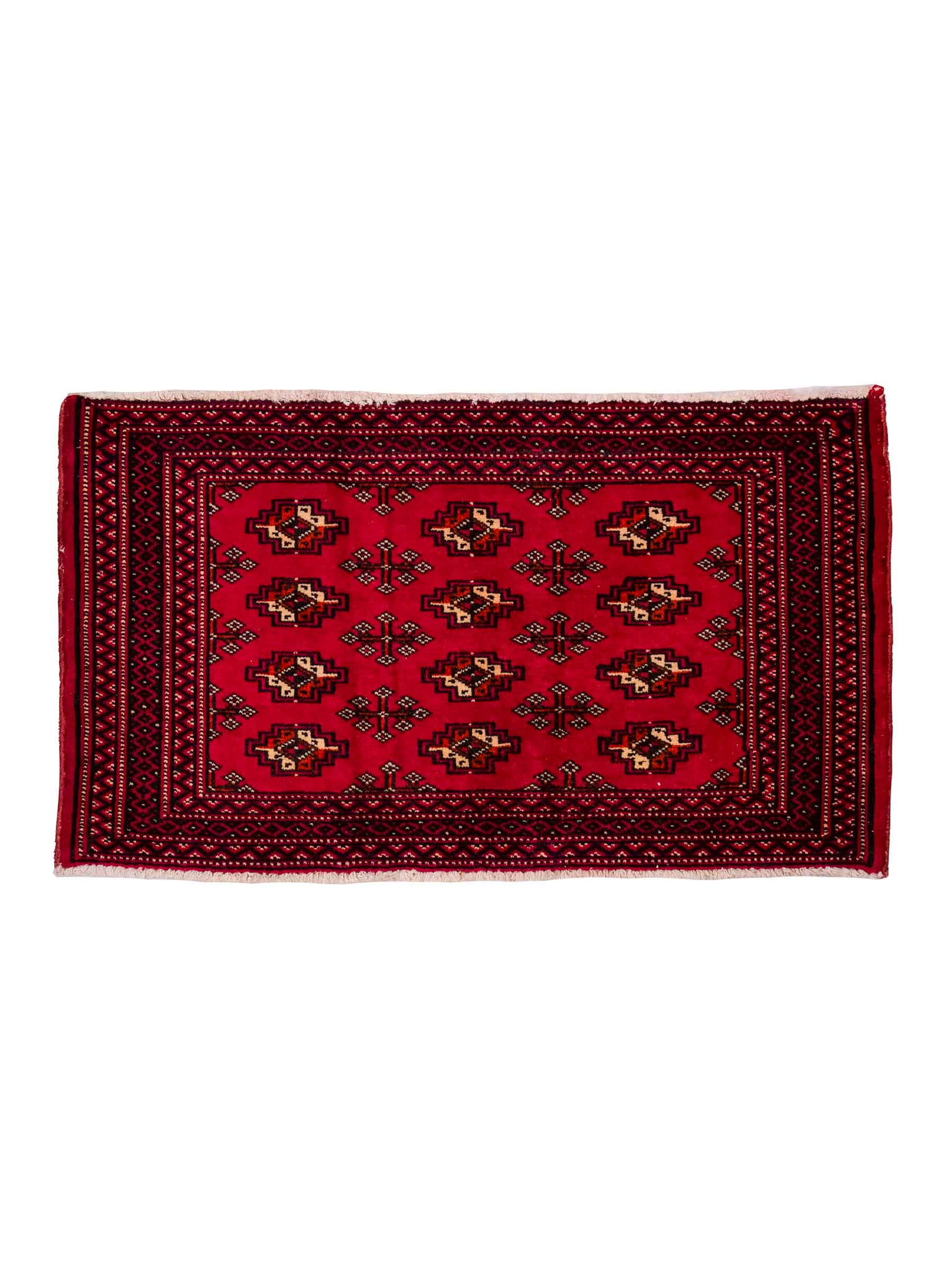 Handgeknüpfter Vintage Turkaman Nomadenteppich von Khademi aus Wolle, rot. Bukhara Allover-Design. Von Hand geknüpft in Iran. Größe: 56 cm x 97 cm. Teppichnummer: DB3-1026. Verkauf durch Jupiter Intl.