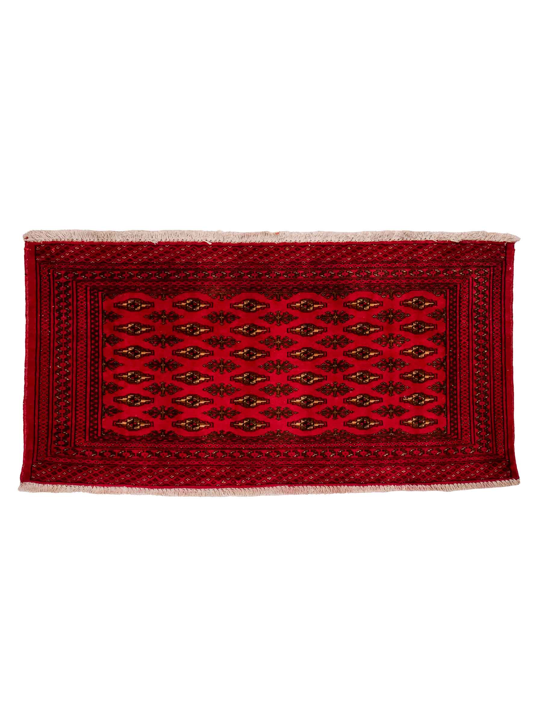 Handgeknüpfter Vintage Turkaman Nomadenteppich von Khademi aus Wolle, rot. Bukhara Allover-Design. Von Hand geknüpft in Iran. Größe: 60 cm x 120 cm. Teppichnummer: DB3-1021. Verkauf durch Jupiter Intl.