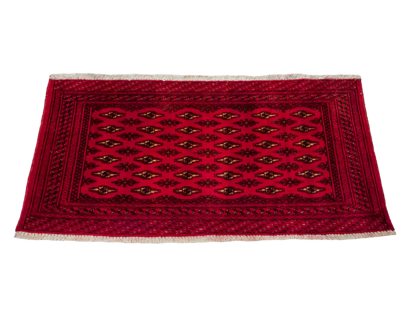 Handgeknüpfter Vintage Turkaman Nomadenteppich von Khademi aus Wolle, rot. Bukhara Allover-Design. Von Hand geknüpft in Iran. Größe: 60 cm x 120 cm. Teppichnummer: DB3-1021. Verkauf durch Jupiter Intl.
