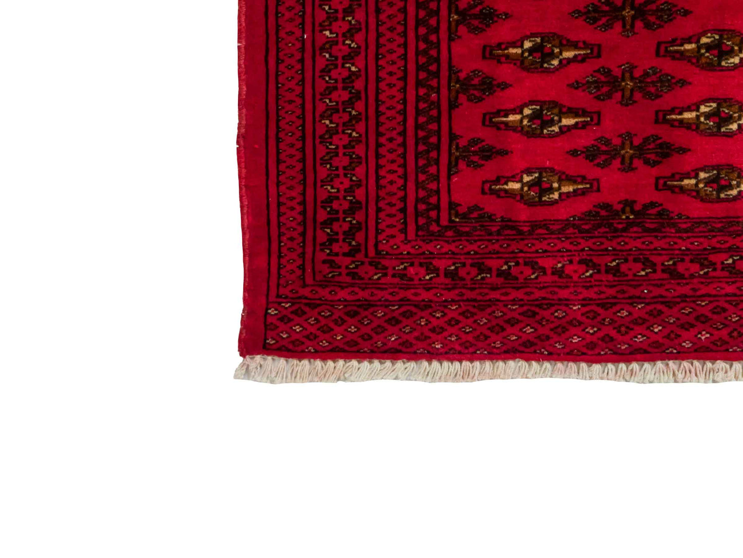 Handgeknüpfter Vintage Turkaman Nomadenteppich von Khademi aus Wolle, rot. Bukhara Allover-Design. Von Hand geknüpft in Iran. Größe: 60 cm x 120 cm. Teppichnummer: DB3-1021. Verkauf durch Jupiter Intl.