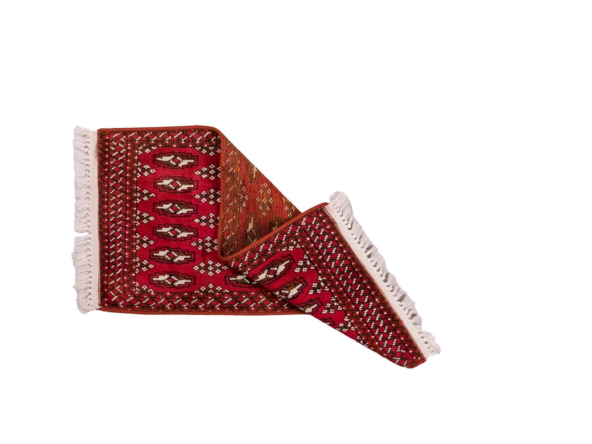 Handgeknüpfter Vintage Turkaman Nomadenteppich von Khademi aus Wolle, rot. Bukhara Allover-Design. Von Hand geknüpft in Iran. Größe: 97 cm x 48 cm. Teppichnummer: DB3-1006. Verkauf durch Jupiter Intl.