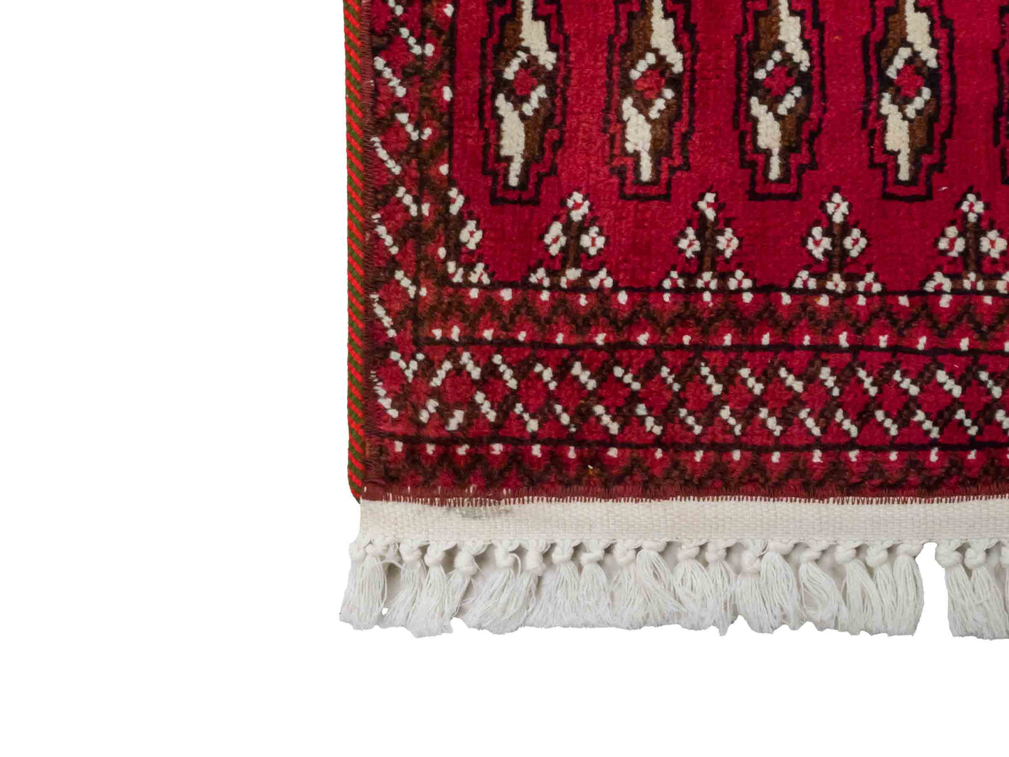 Handgeknüpfter Vintage Turkaman Nomadenteppich von Khademi aus Wolle, rot. Bukhara Allover-Design. Von Hand geknüpft in Iran. Größe: 97 cm x 48 cm. Teppichnummer: DB3-1006. Verkauf durch Jupiter Intl.