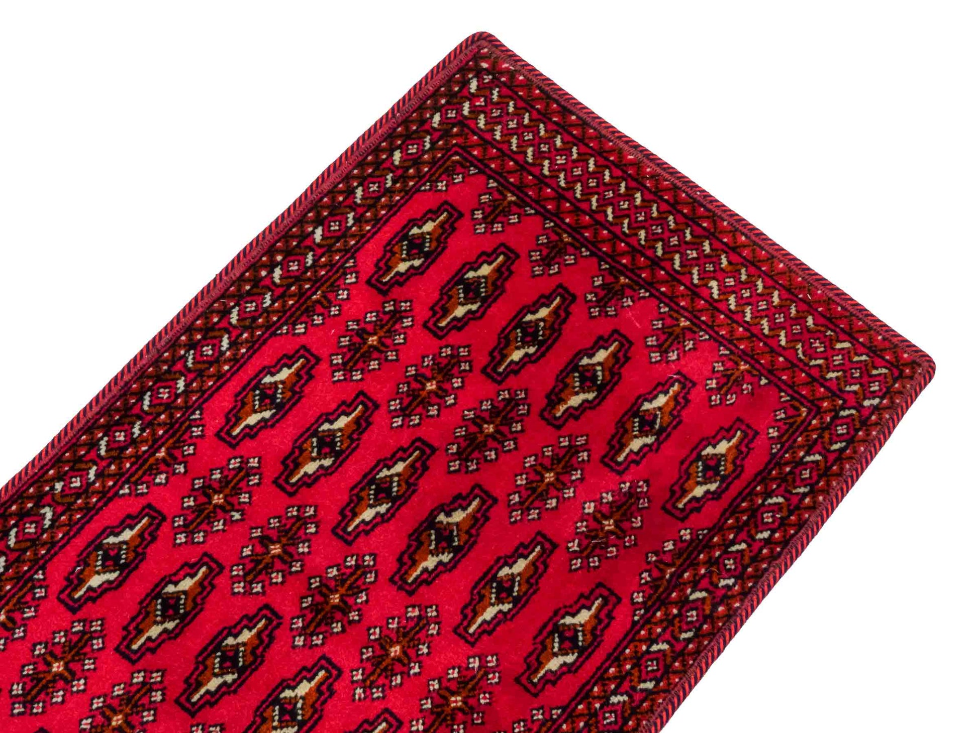 Handgeknüpfter Vintage Turkaman Nomadenteppich von Khademi aus Wolle, rot. Bukhara Allover-Design. Von Hand geknüpft in Iran. Größe: 99 cm x 54 cm. Teppichnummer: DB3-1007. Verkauf durch Jupiter Intl.