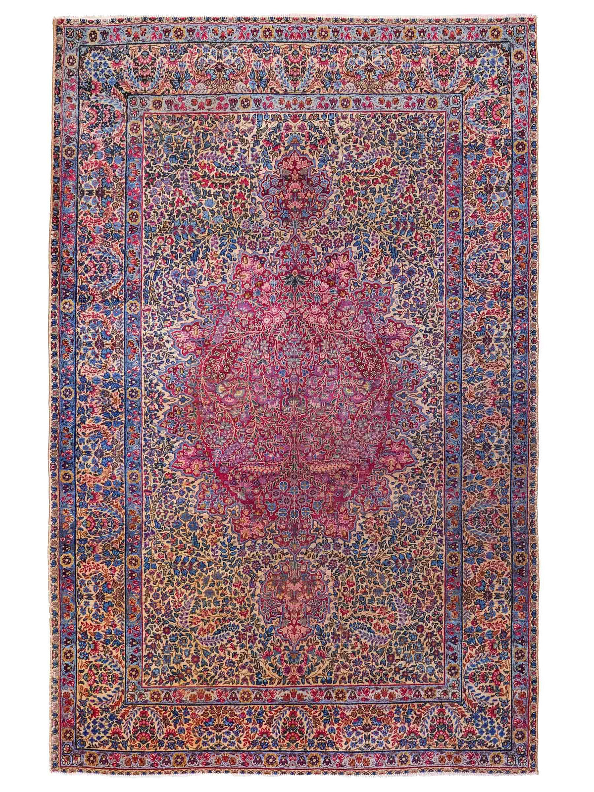 Antiker, handgeknüpfter Kerman Perserteppich aus Wolle. Größe: 223 x 143 cm. Klassisch-persischer Orientteppich mit floralem Medaillon, Cremeweiß-Rot. Teppichnummer: RB3-1108. Made in Iran / Persia – Vertrieb durch JUPITER Intl