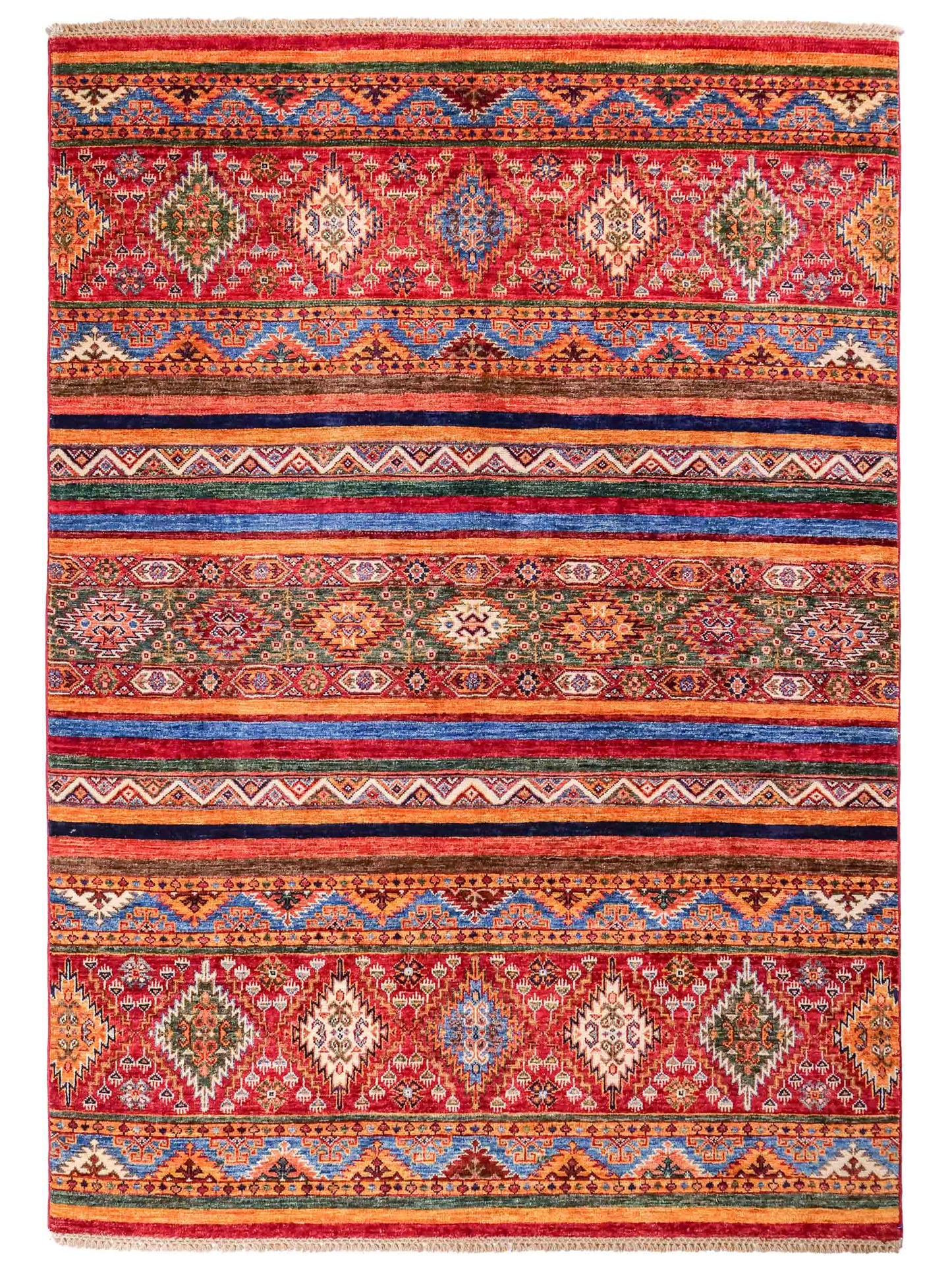 Handgeknüpfter Arijana Shaal Orientteppich von Khademi aus Wolle, rot, geometrisch-gestreift. Traditionell von Hand geknüpft in Afghanistan. Größe: 206 cm x 156 cm. Teppichnummer: SB3-1115. Verkauf durch Jupiter Intl.