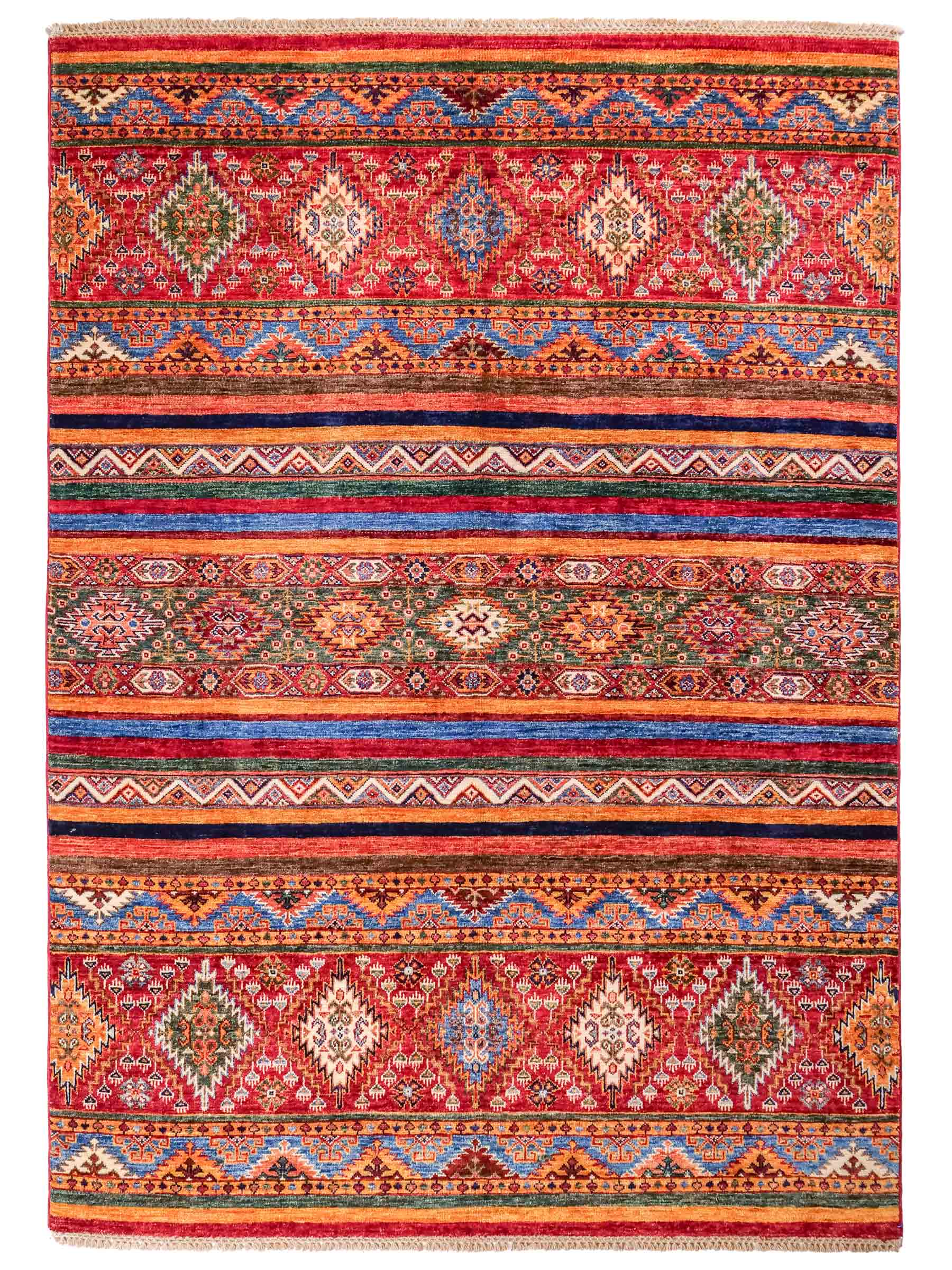 Handgeknüpfter Arijana Shaal Orientteppich von Khademi aus Wolle, rot, geometrisch-gestreift. Traditionell von Hand geknüpft in Afghanistan. Größe: 206 cm x 156 cm. Teppichnummer: SB3-1115. Verkauf durch Jupiter Intl.