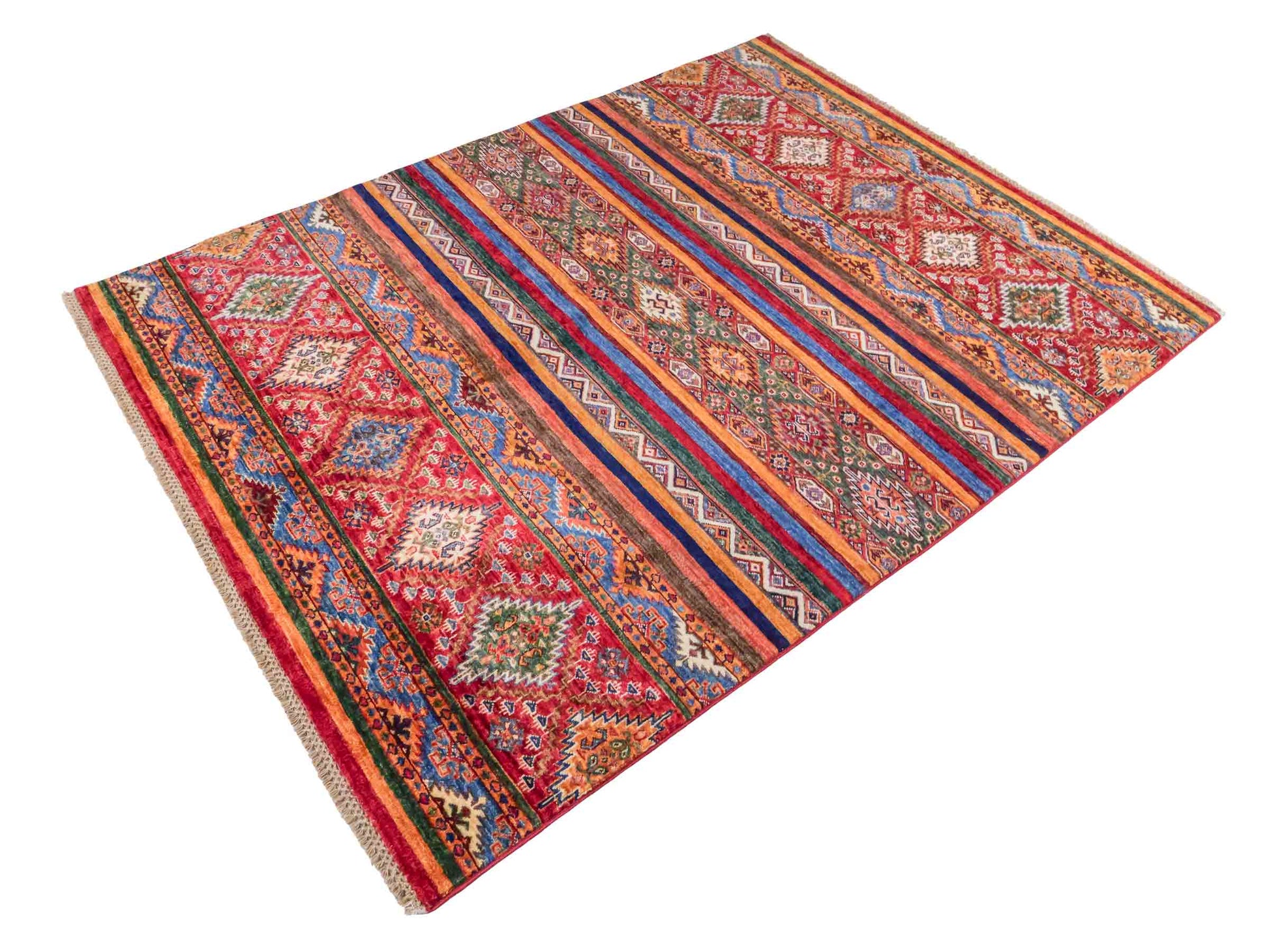 Handgeknüpfter Arijana Shaal Orientteppich von Khademi aus Wolle, rot, geometrisch-gestreift. Traditionell von Hand geknüpft in Afghanistan. Größe: 206 cm x 156 cm. Teppichnummer: SB3-1115. Verkauf durch Jupiter Intl.