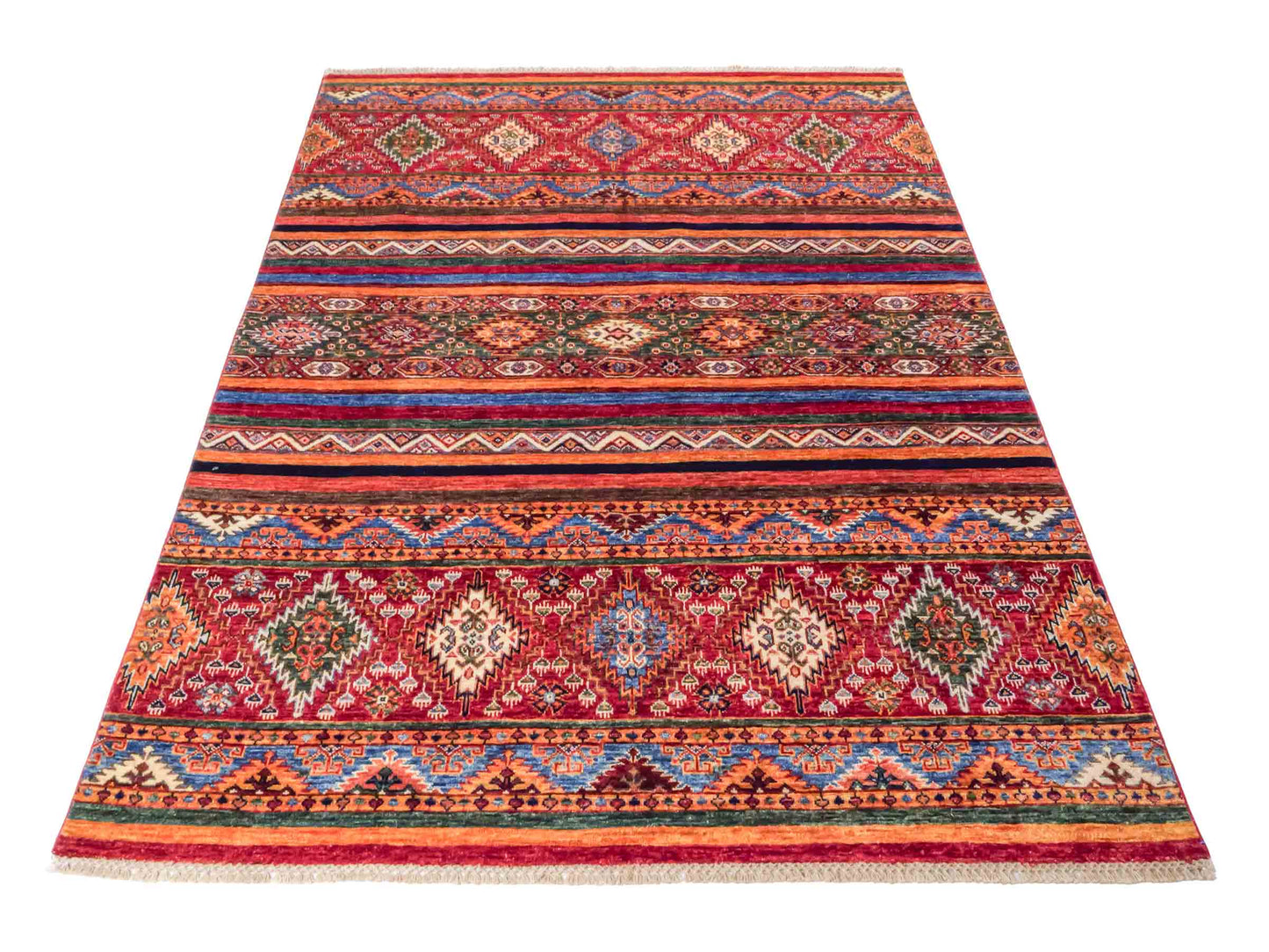 Handgeknüpfter Arijana Shaal Orientteppich von Khademi aus Wolle, rot, geometrisch-gestreift. Traditionell von Hand geknüpft in Afghanistan. Größe: 206 cm x 156 cm. Teppichnummer: SB3-1115. Verkauf durch Jupiter Intl.