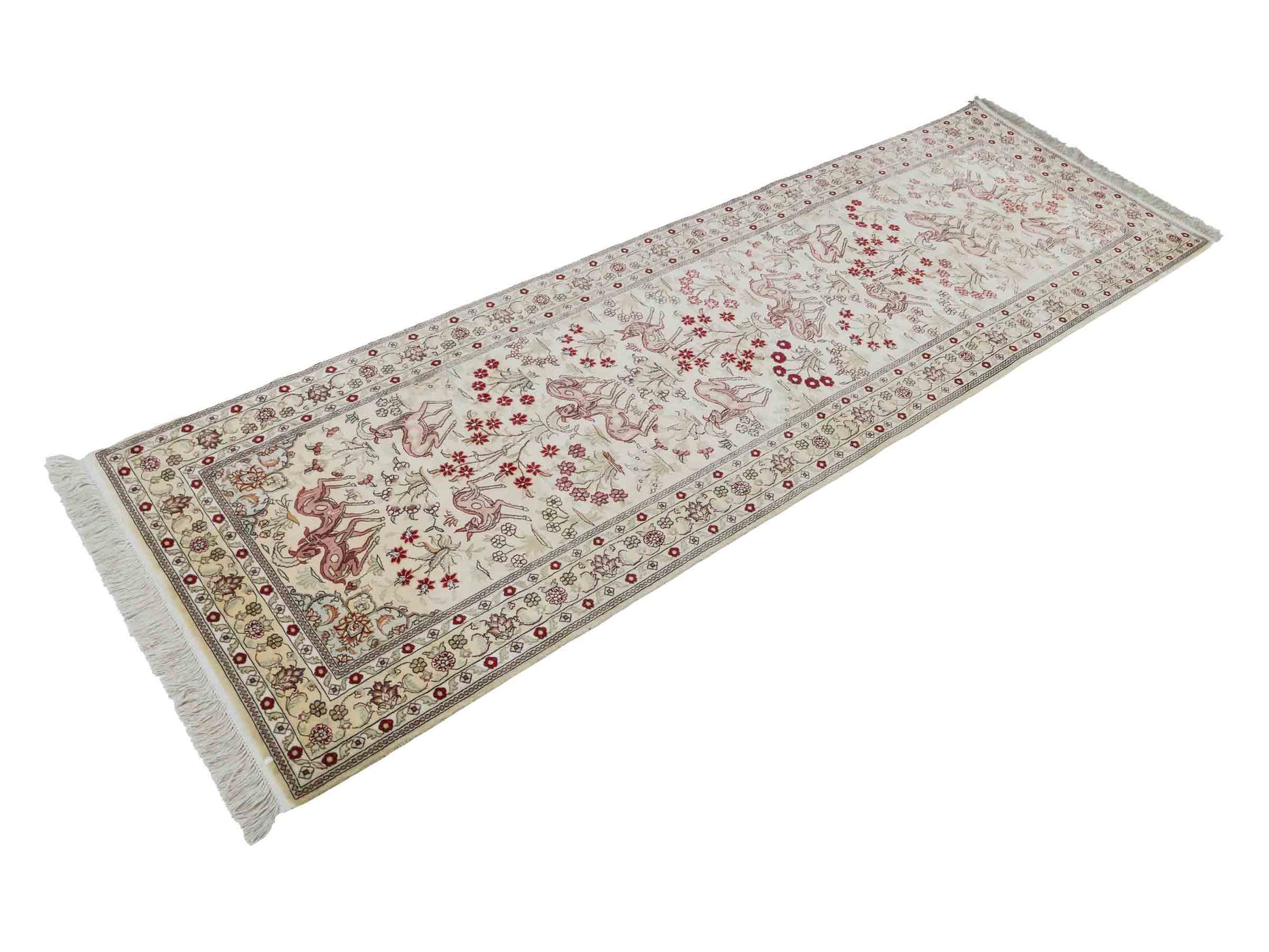 Handgeknüpfter Art Hereke Läufer-Seidenteppich von Khademi aus gesponnener Seide, cremeweiß. Chinesischer Teppich mit Allover-Motiv. Orientteppich, von Hand geknüpft in China. Größe: 245 cm x 79 cm. Teppichnummer: SB3-1165 | Jupiter Intl.