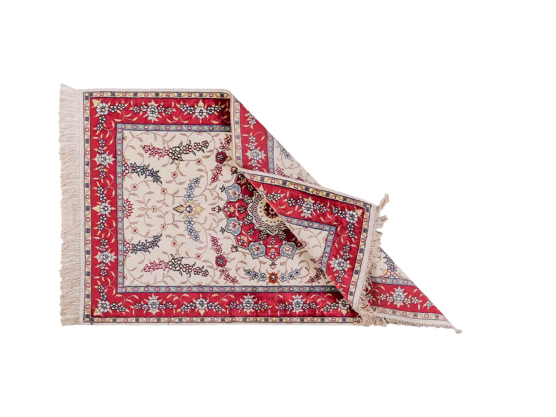 Handgeknüpfter Art Hereke Seidenteppich von Khademi aus Kunstseide, rot-cremeweiß. Chinesischer Teppich mit Medaillon. Orientteppich, von Hand geknüpft in China. Größe: 123 cm x 76 cm. Teppichnummer: SB3-1094. Verkauf durch Jupiter Intl.