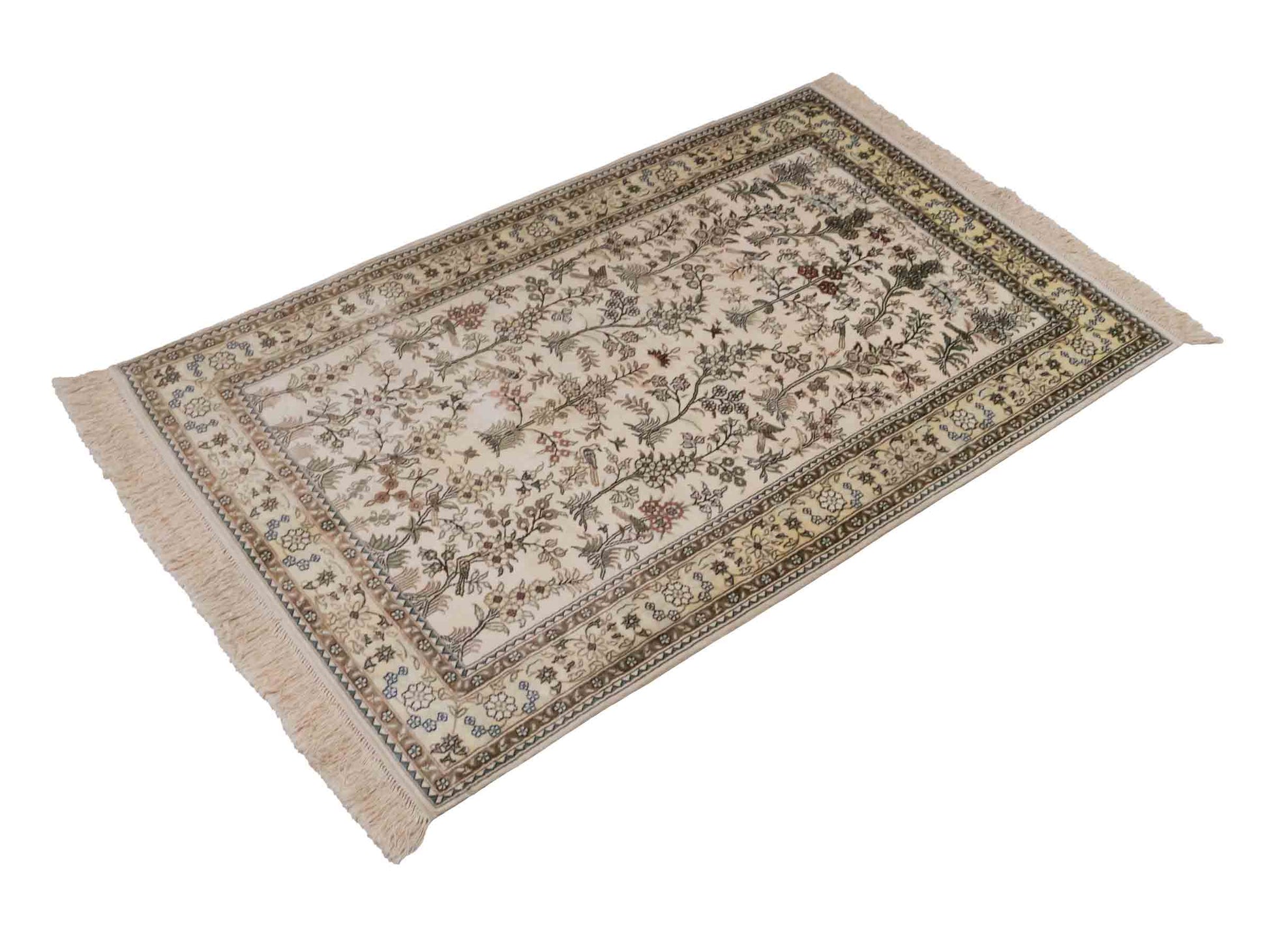 Handgeknüpfter Art Hereke Seidenteppich von Khademi aus Kunstseide, cremeweiß. Chinesischer Teppich, durchgemustert. Orientteppich, von Hand geknüpft in China. Größe: 153 cm x 91 cm. Teppichnummer: DB3-1029. Verkauf durch Jupiter Intl.