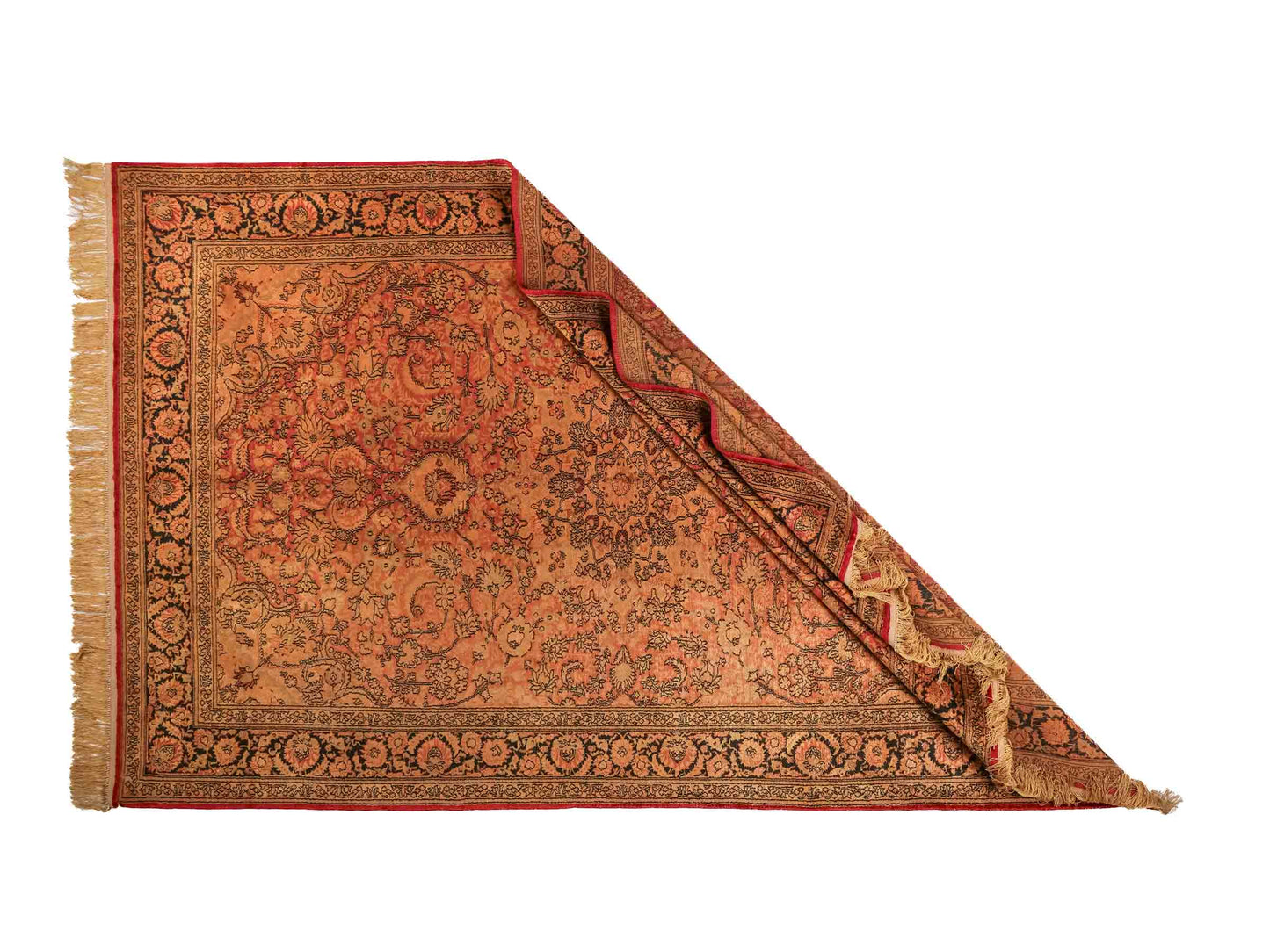 Handgeknüpfter Art Hereke Seidenteppich von Khademi aus Kunstseide, gold-orange. Chinesischer Teppich, durchgemustert. Orientteppich, von Hand geknüpft in China. Größe: 252 cm x 171 cm. Teppichnummer: SB3-1075. Verkauf durch Jupiter Intl.
