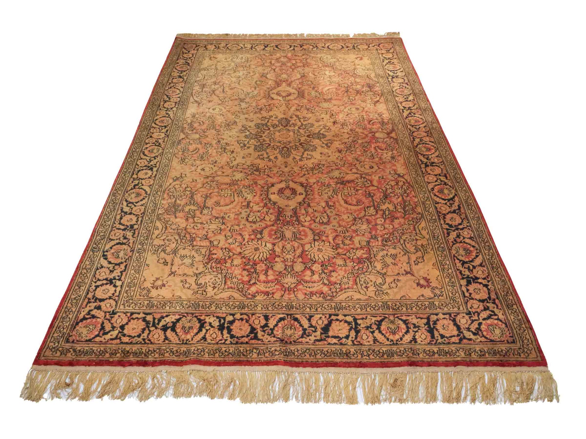 Handgeknüpfter Art Hereke Seidenteppich von Khademi aus Kunstseide, gold-orange. Chinesischer Teppich, durchgemustert. Orientteppich, von Hand geknüpft in China. Größe: 252 cm x 171 cm. Teppichnummer: SB3-1075. Verkauf durch Jupiter Intl.