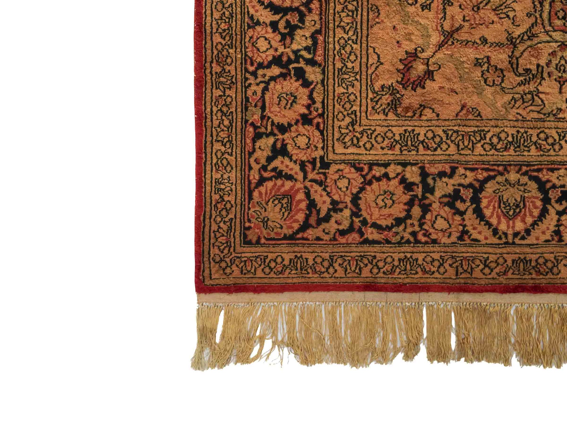 Handgeknüpfter Art Hereke Seidenteppich von Khademi aus Kunstseide, gold-orange. Chinesischer Teppich, durchgemustert. Orientteppich, von Hand geknüpft in China. Größe: 252 cm x 171 cm. Teppichnummer: SB3-1075. Verkauf durch Jupiter Intl.