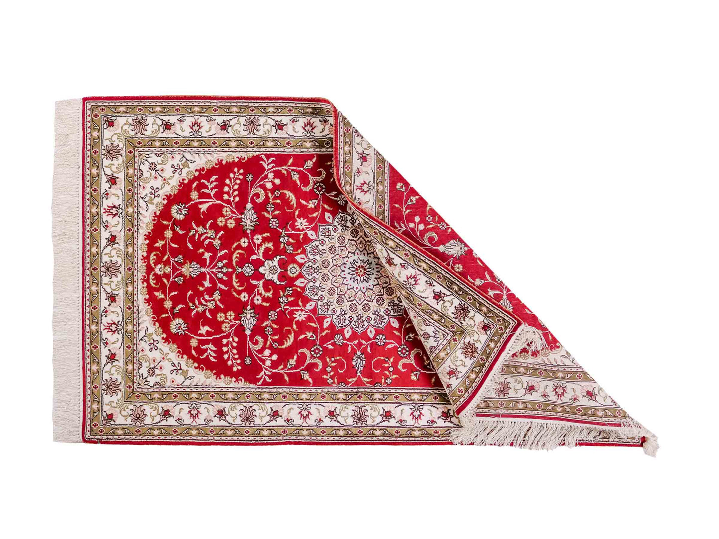 Handgeknüpfter Art Hereke Seidenteppich von Khademi aus Kunstseide, rot-cremeweiß. Chinesischer Teppich mit Medaillon. Orientteppich, von Hand geknüpft in China. Größe: 153 cm x 91 cm. Teppichnummer: SB3-1089. Verkauf durch Jupiter Intl.