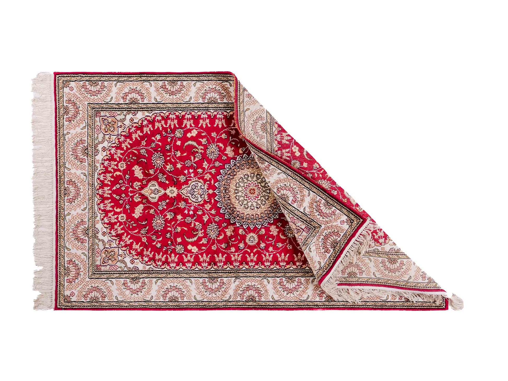Handgeknüpfter Art Nain Seidenteppich von Khademi aus Kunstseide, rot-weiß. Chinesischer Teppich mit Medaillon. Orientteppich, von Hand geknüpft in China. Größe: 153 cm x 91 cm. Teppichnummer: SB3-1108. Verkauf durch Jupiter Intl.