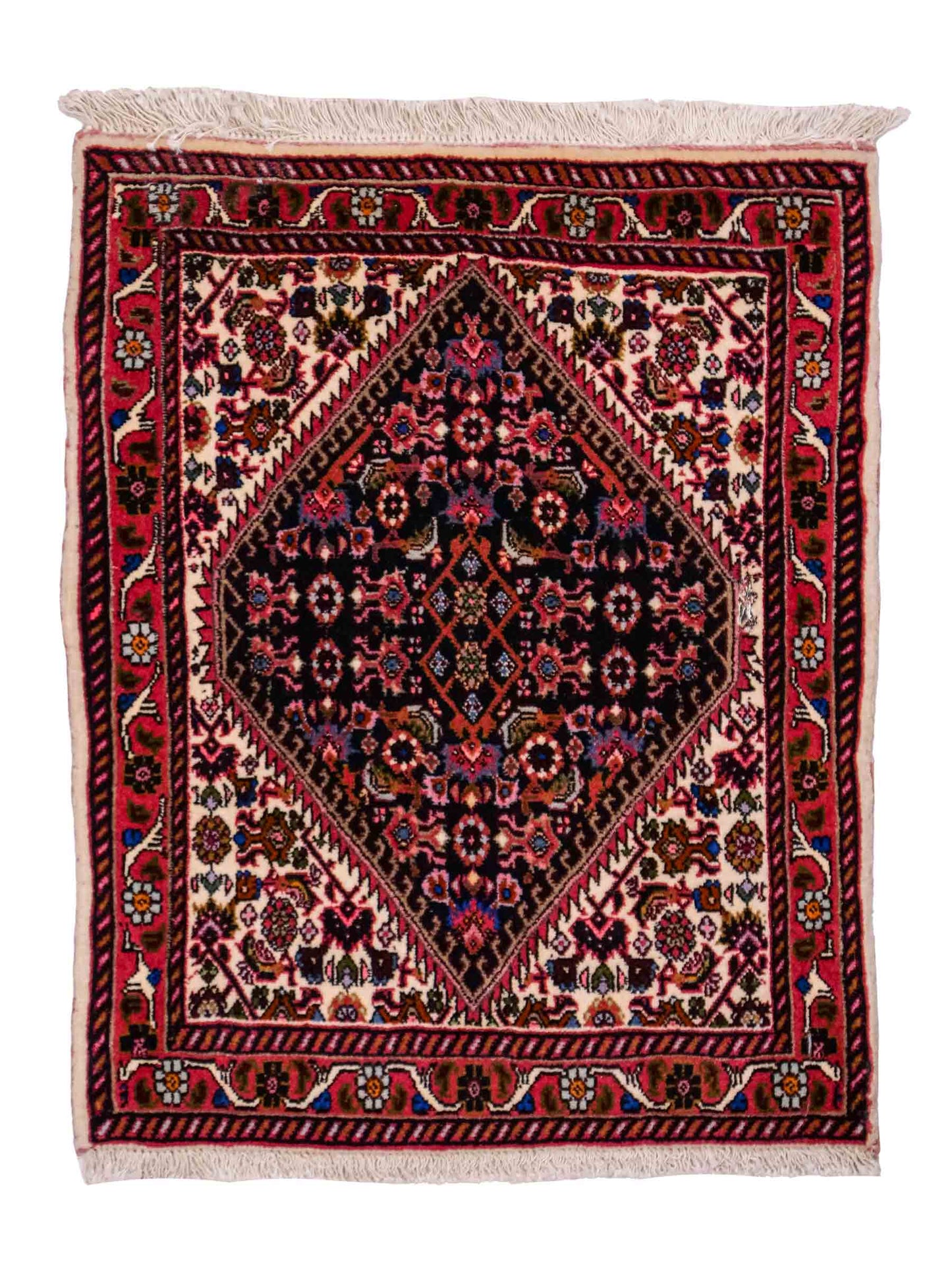 Handgeknüpfter Bidjar Sandjan Perserteppich von Khademi aus Wolle, rot. Kurdischer Dorfteppich mit geometrischem Medaillon. Von Hand geknüpft in Iran. Größe: 60 cm x 40 cm. Teppichnummer: DB3-1060. Verkauf durch Jupiter Intl.