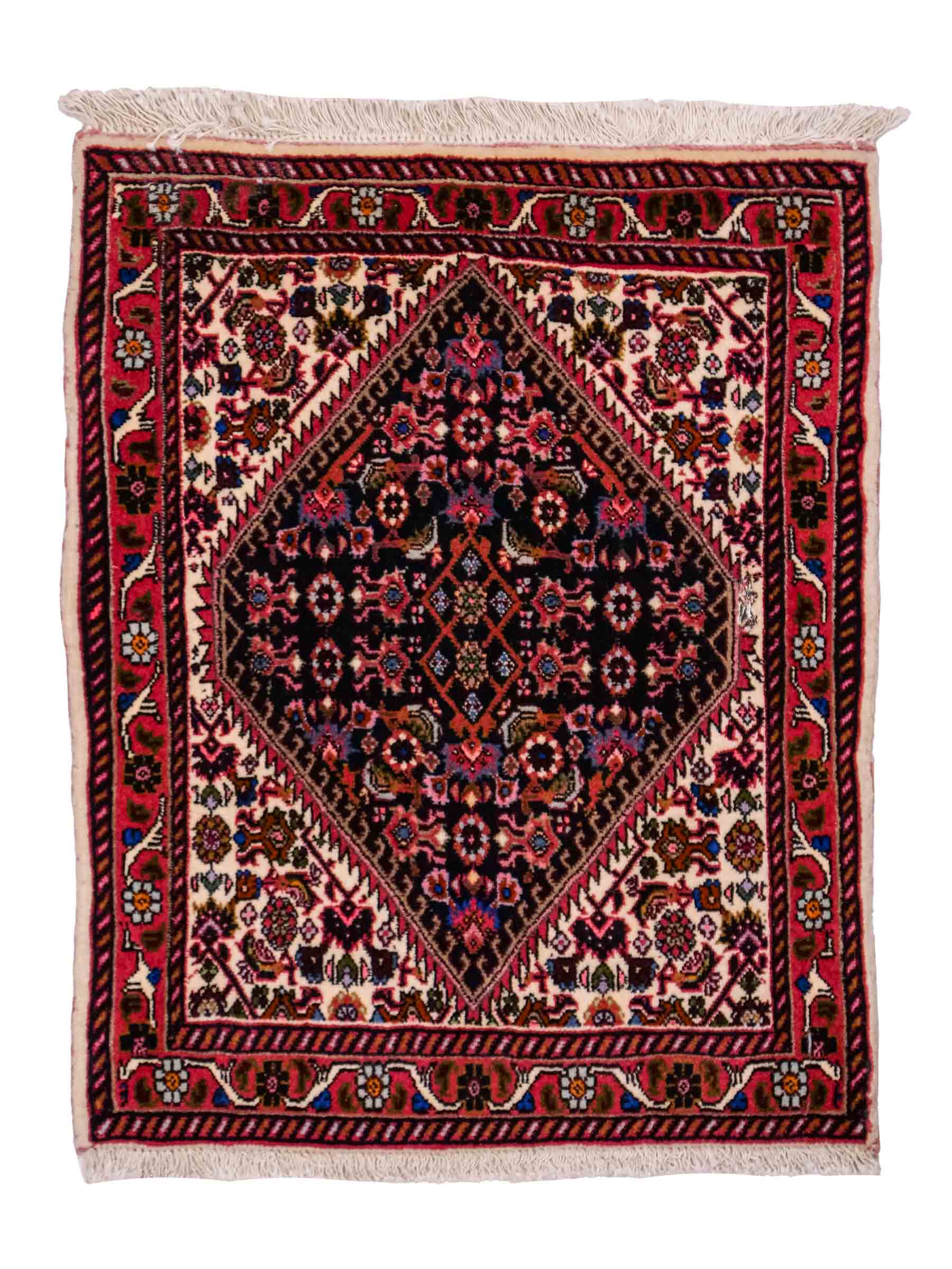 Handgeknüpfter Bidjar Sandjan Perserteppich von Khademi aus Wolle, rot. Kurdischer Dorfteppich mit geometrischem Medaillon. Von Hand geknüpft in Iran. Größe: 60 cm x 40 cm. Teppichnummer: DB3-1060. Verkauf durch Jupiter Intl.