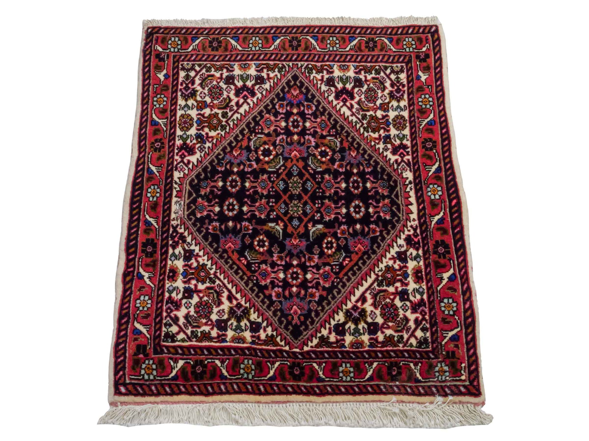 Handgeknüpfter Bidjar Sandjan Perserteppich von Khademi aus Wolle, rot. Kurdischer Dorfteppich mit geometrischem Medaillon. Von Hand geknüpft in Iran. Größe: 60 cm x 40 cm. Teppichnummer: DB3-1060. Verkauf durch Jupiter Intl.