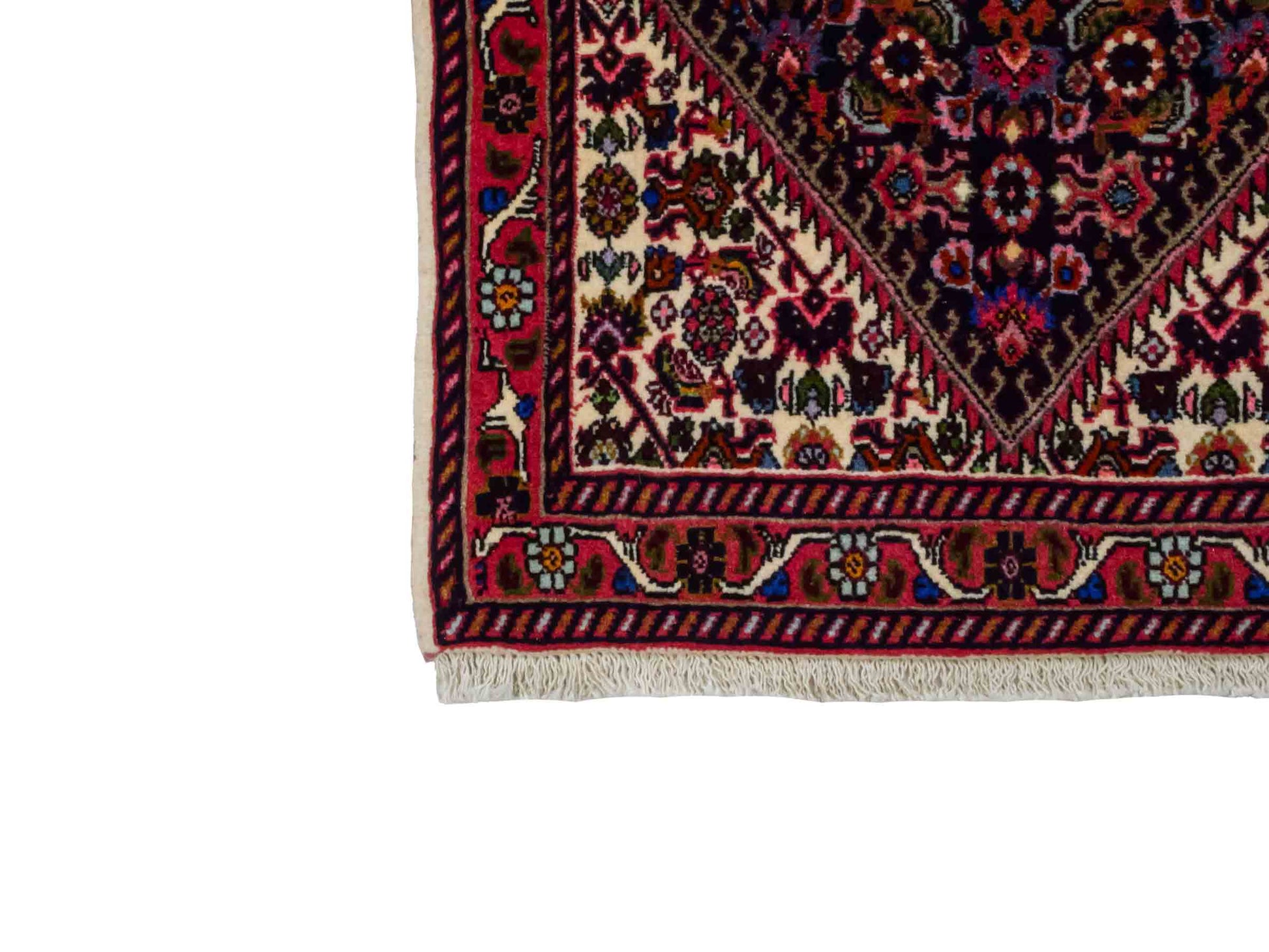 Handgeknüpfter Bidjar Sandjan Perserteppich von Khademi aus Wolle, rot. Kurdischer Dorfteppich mit geometrischem Medaillon. Von Hand geknüpft in Iran. Größe: 60 cm x 40 cm. Teppichnummer: DB3-1060. Verkauf durch Jupiter Intl.