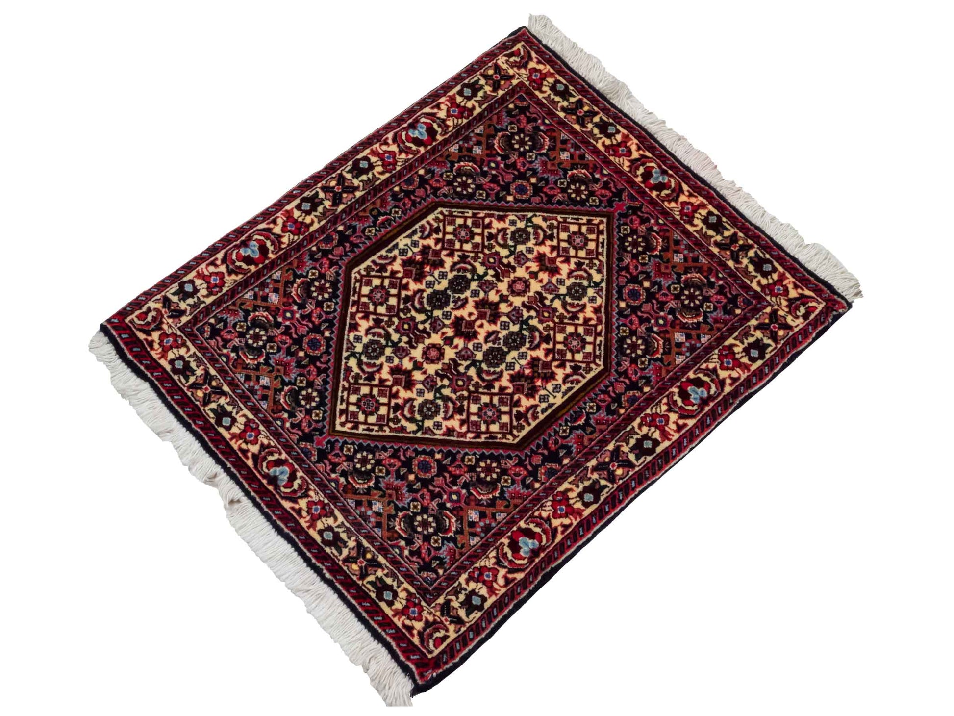 Handgeknüpfter Bidjar Sandjan Perserteppich von Khademi aus Wolle, mehrfarbig. Kurdischer Dorfteppich mit geometrischem Medaillon. Von Hand geknüpft in Iran. Größe: 60 cm x 50 cm. Teppichnummer: DB3-1051. Verkauf durch Jupiter Intl.