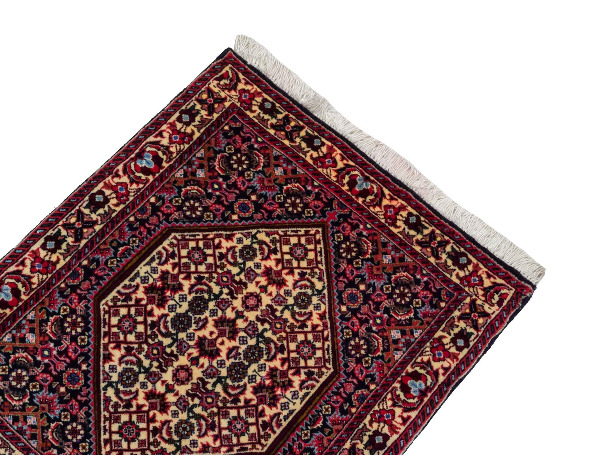 Handgeknüpfter Bidjar Sandjan Perserteppich von Khademi aus Wolle, mehrfarbig. Kurdischer Dorfteppich mit geometrischem Medaillon. Von Hand geknüpft in Iran. Größe: 60 cm x 50 cm. Teppichnummer: DB3-1051. Verkauf durch Jupiter Intl.