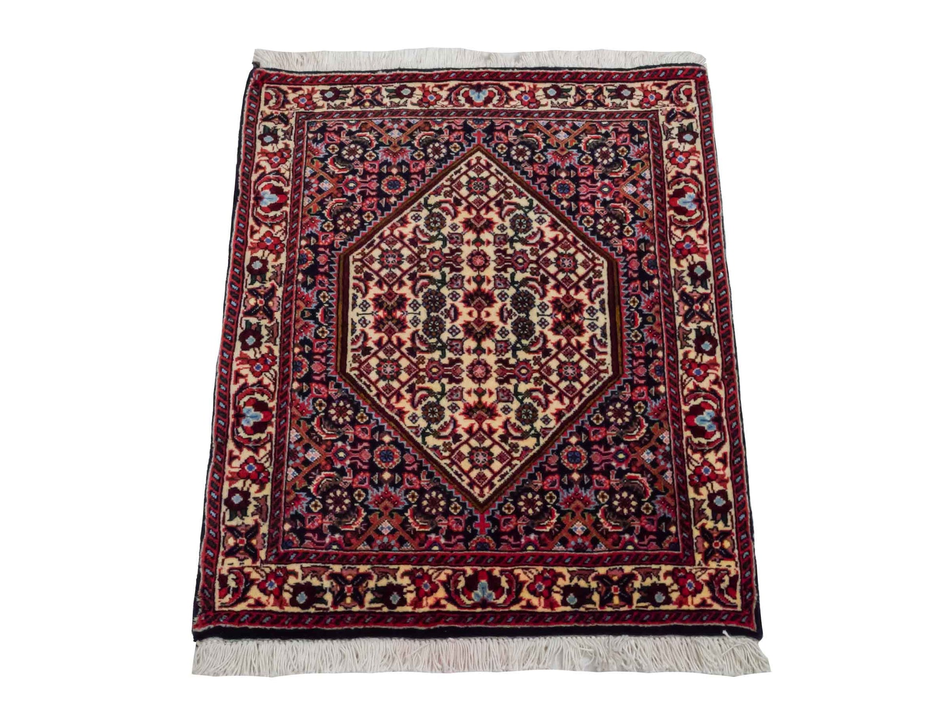Handgeknüpfter Bidjar Sandjan Perserteppich von Khademi aus Wolle, mehrfarbig. Kurdischer Dorfteppich mit geometrischem Medaillon. Von Hand geknüpft in Iran. Größe: 60 cm x 50 cm. Teppichnummer: DB3-1051. Verkauf durch Jupiter Intl.