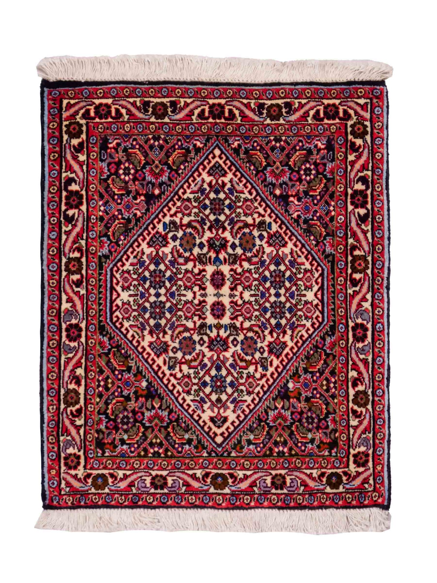 Handgeknüpfter Bidjar Sandjan Perserteppich von Khademi aus Wolle, mehrfarbig. Kurdischer Dorfteppich mit geometrischem Medaillon. Von Hand geknüpft in Iran. Größe: 60 cm x 50 cm. Teppichnummer: DB3-1053. Verkauf durch Jupiter Intl.