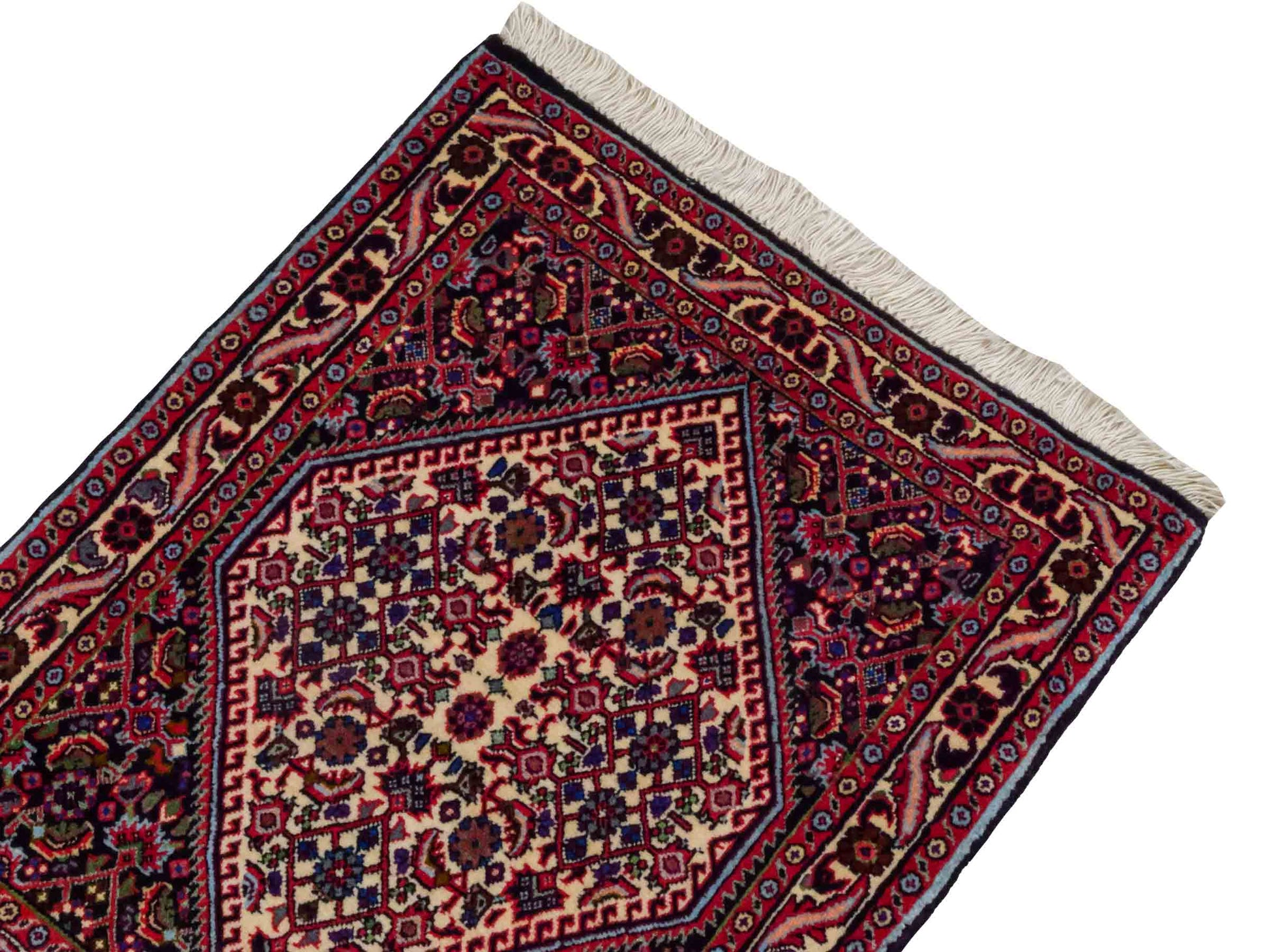Handgeknüpfter Bidjar Sandjan Perserteppich von Khademi aus Wolle, mehrfarbig. Kurdischer Dorfteppich mit geometrischem Medaillon. Von Hand geknüpft in Iran. Größe: 60 cm x 50 cm. Teppichnummer: DB3-1053. Verkauf durch Jupiter Intl.
