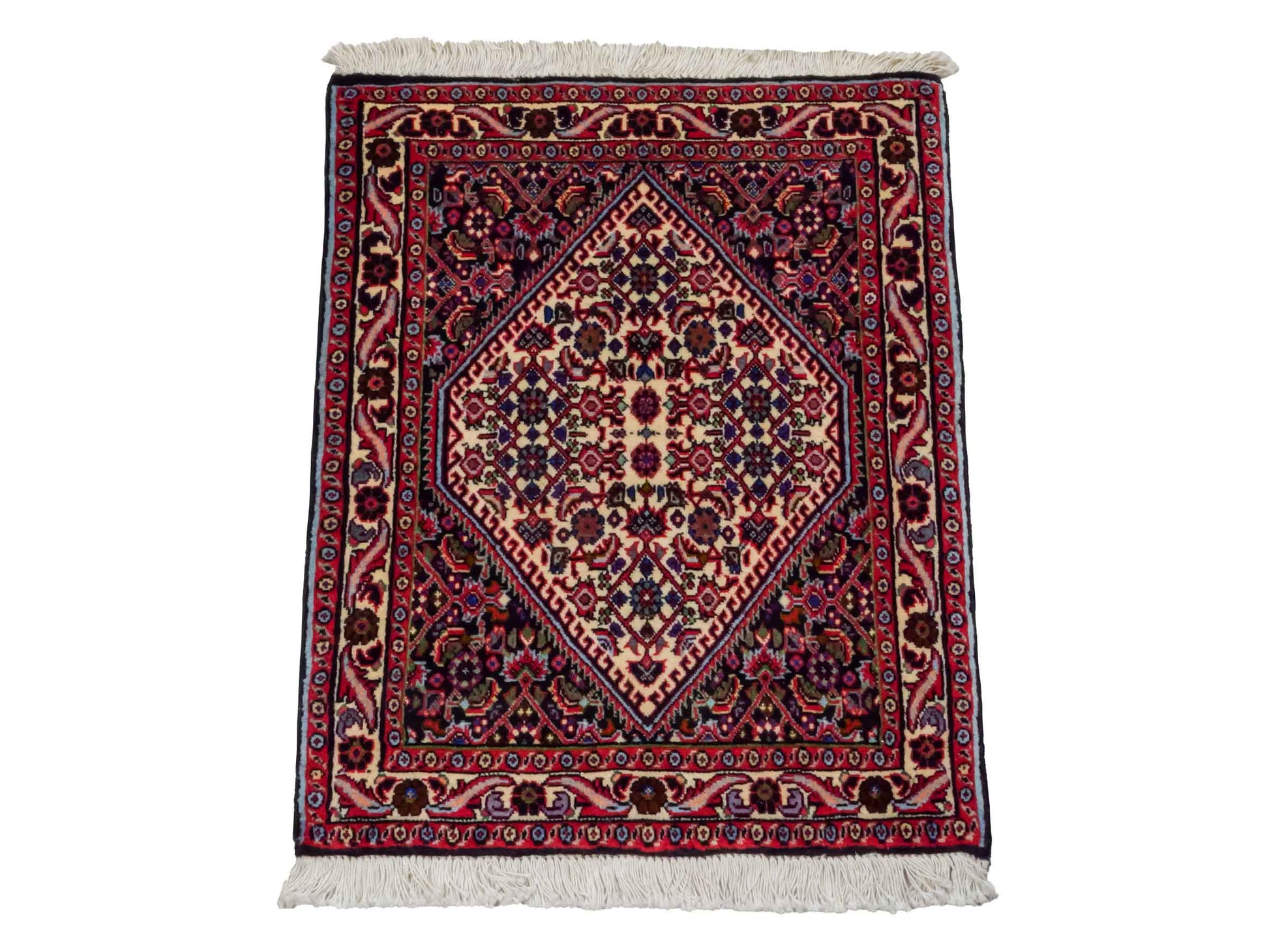 Handgeknüpfter Bidjar Sandjan Perserteppich von Khademi aus Wolle, mehrfarbig. Kurdischer Dorfteppich mit geometrischem Medaillon. Von Hand geknüpft in Iran. Größe: 60 cm x 50 cm. Teppichnummer: DB3-1053. Verkauf durch Jupiter Intl.