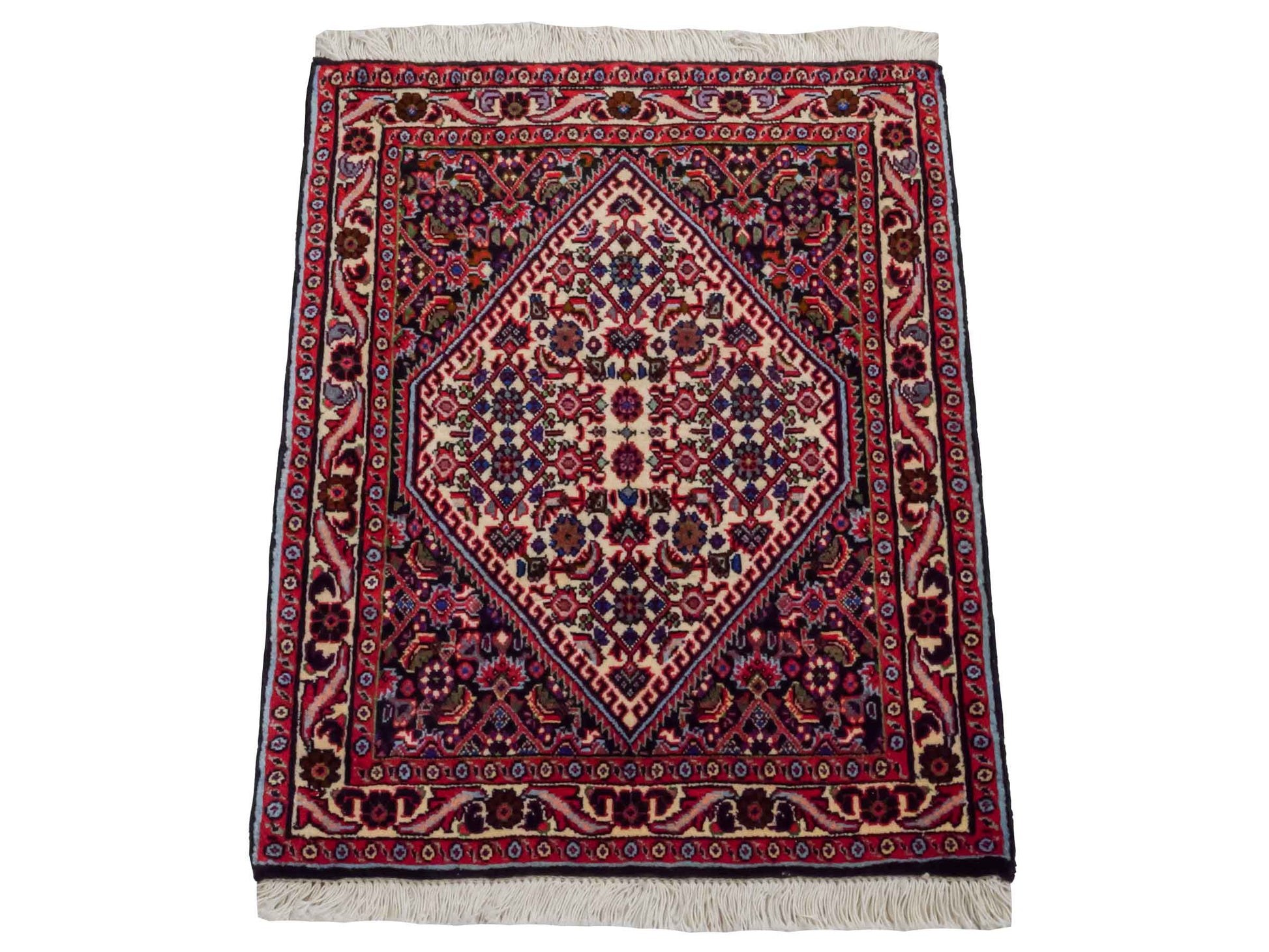 Handgeknüpfter Bidjar Sandjan Perserteppich von Khademi aus Wolle, mehrfarbig. Kurdischer Dorfteppich mit geometrischem Medaillon. Von Hand geknüpft in Iran. Größe: 60 cm x 50 cm. Teppichnummer: DB3-1053. Verkauf durch Jupiter Intl.