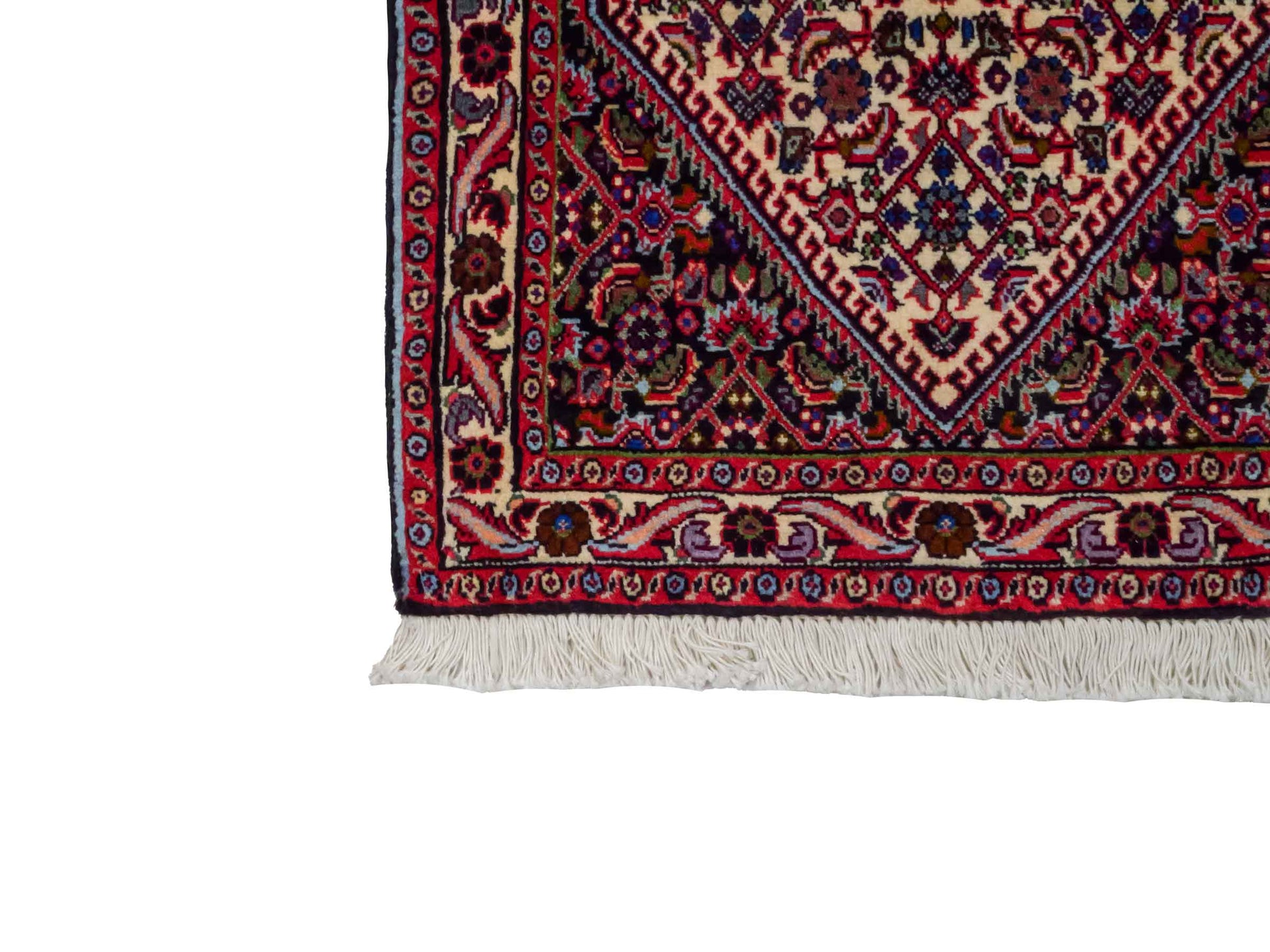 Handgeknüpfter Bidjar Sandjan Perserteppich von Khademi aus Wolle, mehrfarbig. Kurdischer Dorfteppich mit geometrischem Medaillon. Von Hand geknüpft in Iran. Größe: 60 cm x 50 cm. Teppichnummer: DB3-1053. Verkauf durch Jupiter Intl.