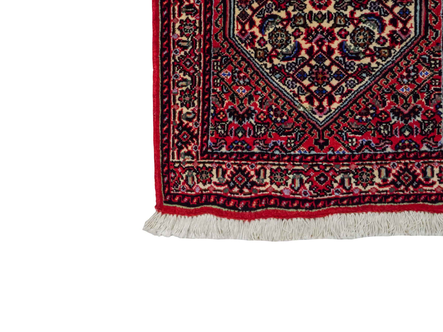 Handgeknüpfter Bidjar Sandjan Perserteppich von Khademi aus Wolle, rot. Kurdischer Dorfteppich mit geometrischem Medaillon. Von Hand geknüpft in Iran. Größe: 60 cm x 50 cm. Teppichnummer: DB3-1045. Verkauf durch Jupiter Intl.