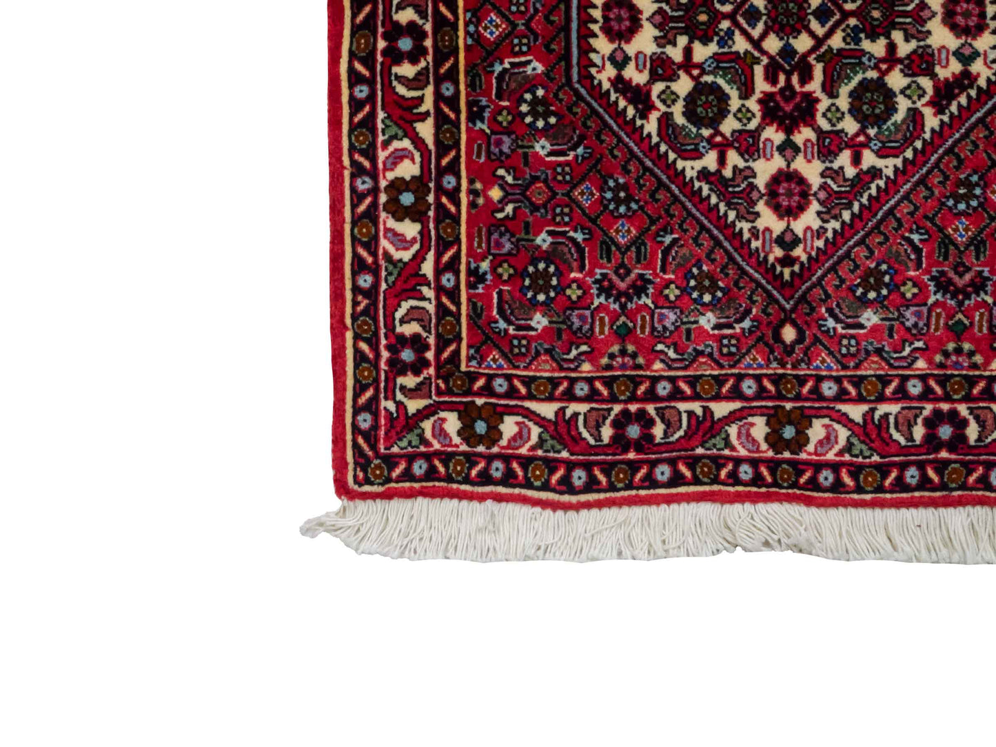Handgeknüpfter Bidjar Sandjan Perserteppich von Khademi aus Wolle, rot. Kurdischer Dorfteppich mit geometrischem Medaillon. Von Hand geknüpft in Iran. Größe: 60 cm x 50 cm. Teppichnummer: DB3-1048. Verkauf durch Jupiter Intl.