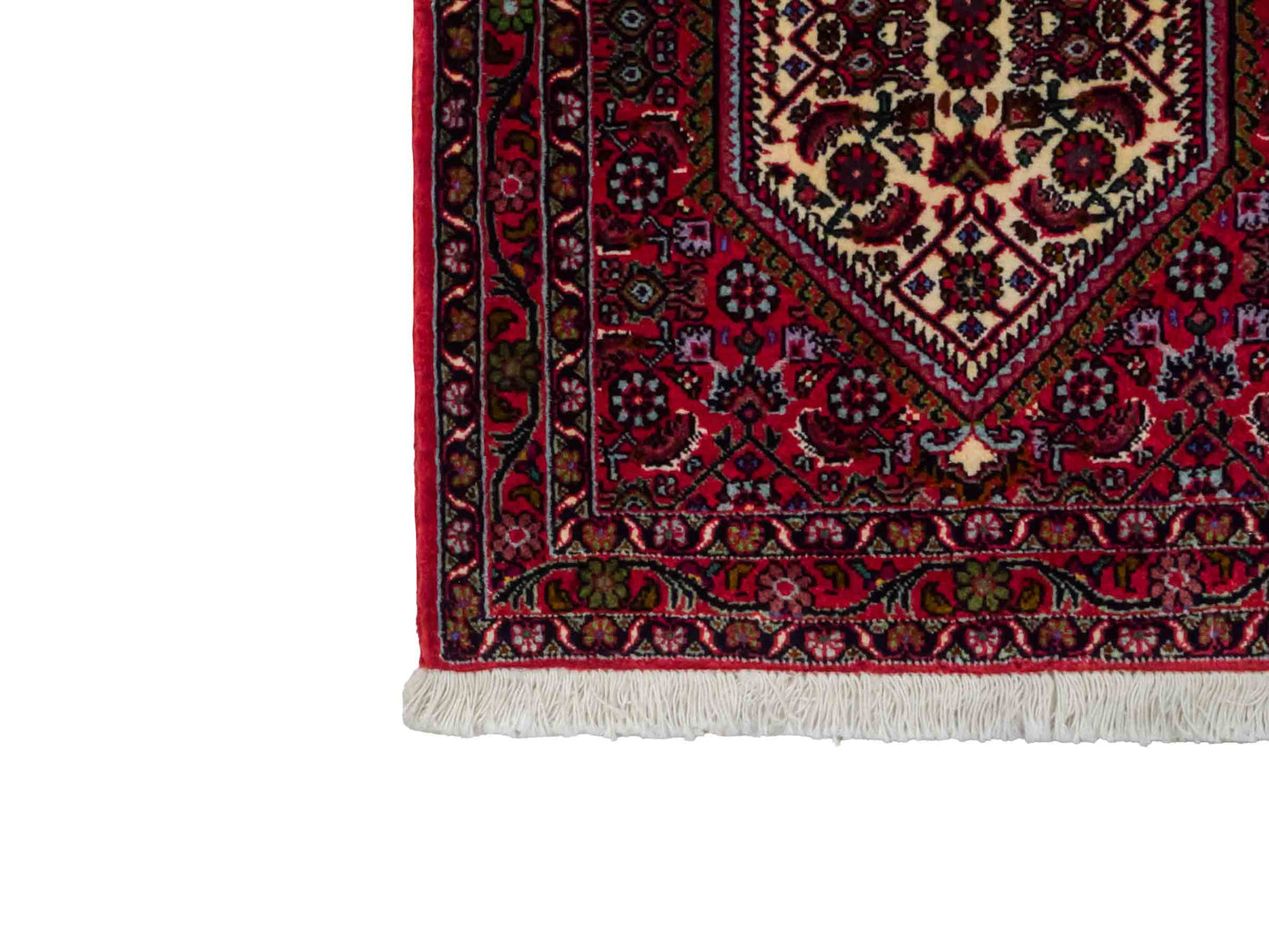 Handgeknüpfter Bidjar Sandjan Perserteppich von Khademi aus Wolle, rot. Kurdischer Dorfteppich mit geometrischem Medaillon. Von Hand geknüpft in Iran. Größe: 60 cm x 50 cm. Teppichnummer: DB3-1049. Verkauf durch Jupiter Intl.