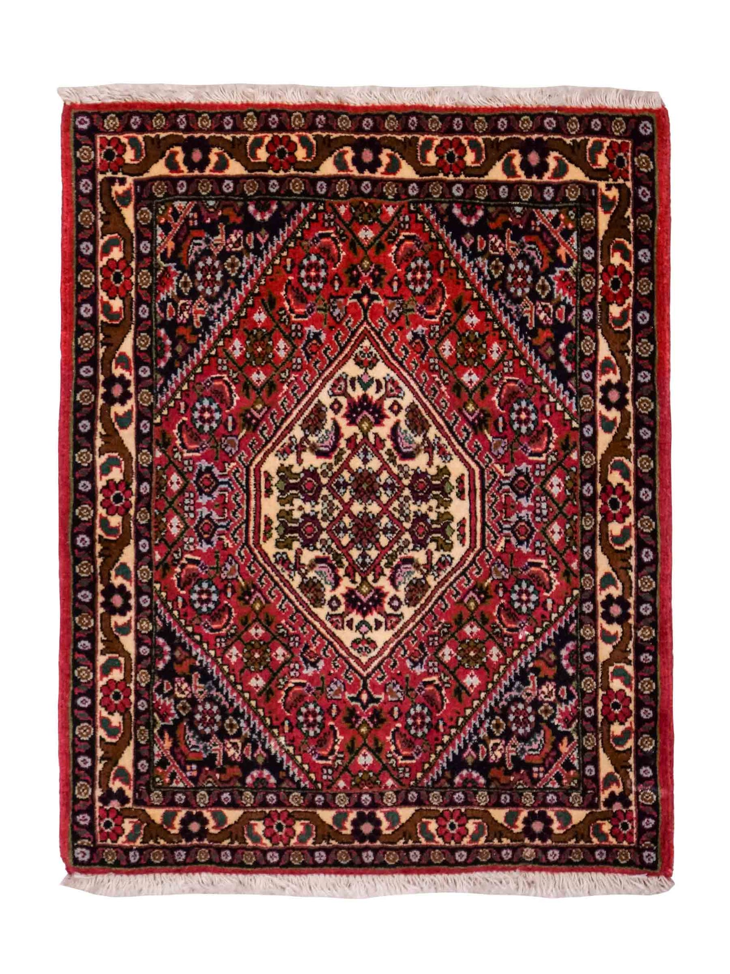 Handgeknüpfter Bidjar Sandjan Perserteppich von Khademi aus Wolle, rot. Kurdischer Dorfteppich mit geometrischem Medaillon. Von Hand geknüpft in Iran. Größe: 60 cm x 50 cm. Teppichnummer: DB3-1054. Verkauf durch Jupiter Intl.