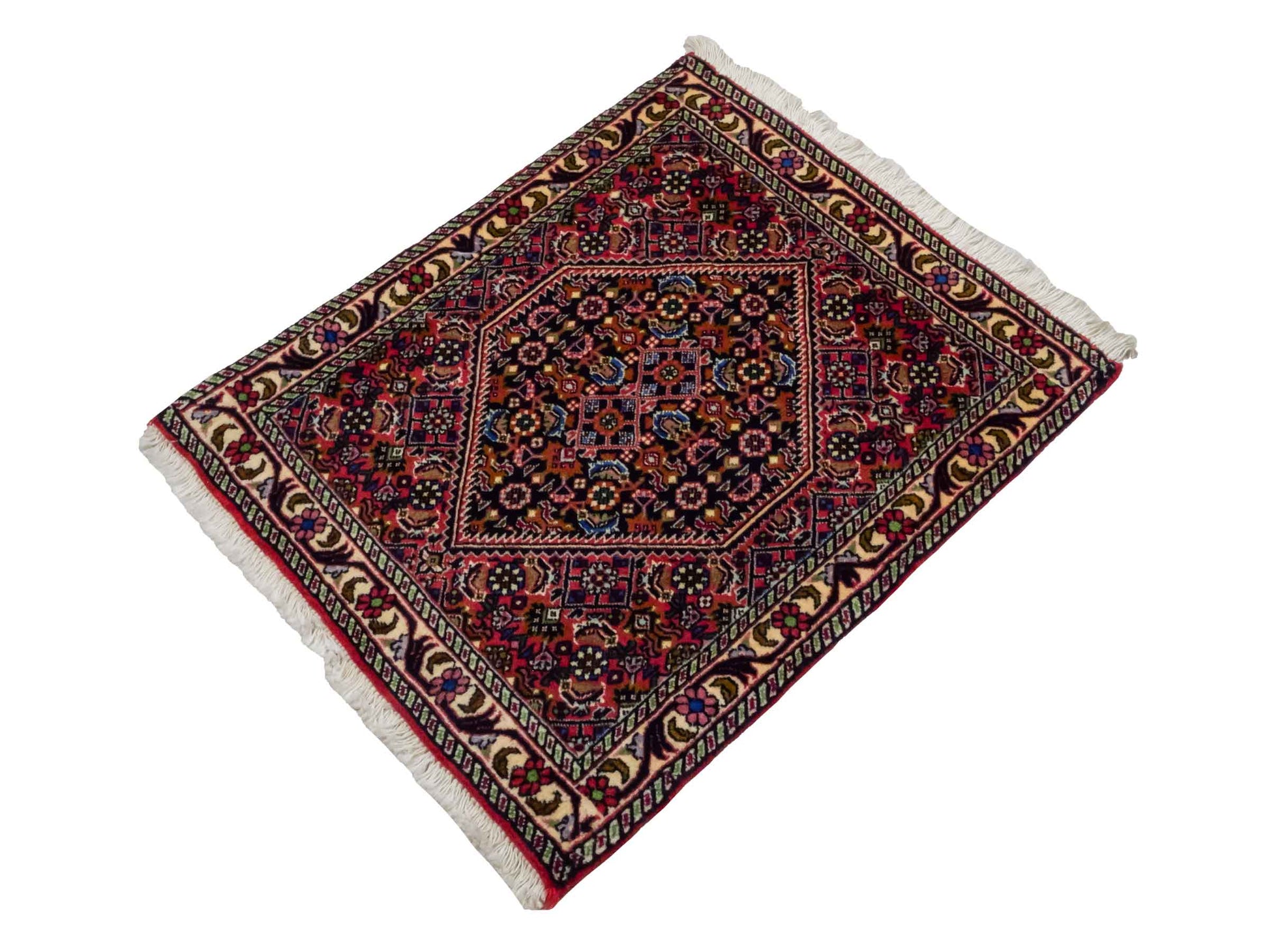 Handgeknüpfter Bidjar Sandjan Perserteppich von Khademi aus Wolle, mehrfarbig. Kurdischer Dorfteppich mit geometrischem Medaillon. Von Hand geknüpft in Iran. Größe: 60 cm x 50 cm. Teppichnummer: DB3-1055. Verkauf durch Jupiter Intl.
