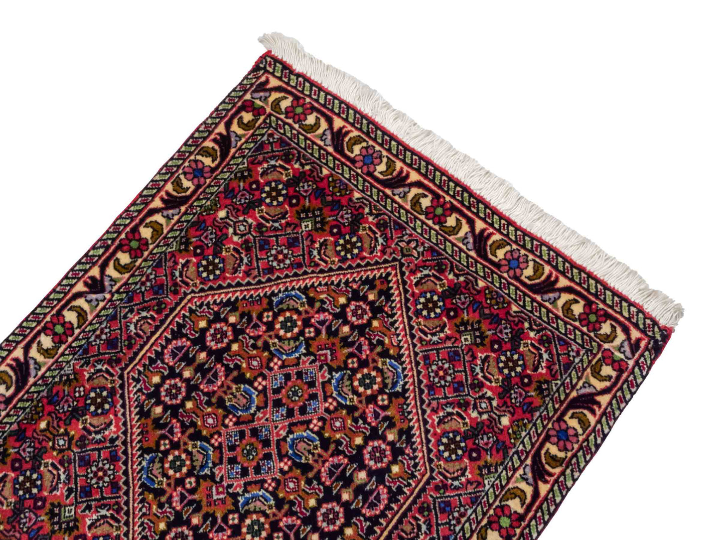 Handgeknüpfter Bidjar Sandjan Perserteppich von Khademi aus Wolle, mehrfarbig. Kurdischer Dorfteppich mit geometrischem Medaillon. Von Hand geknüpft in Iran. Größe: 60 cm x 50 cm. Teppichnummer: DB3-1055. Verkauf durch Jupiter Intl.