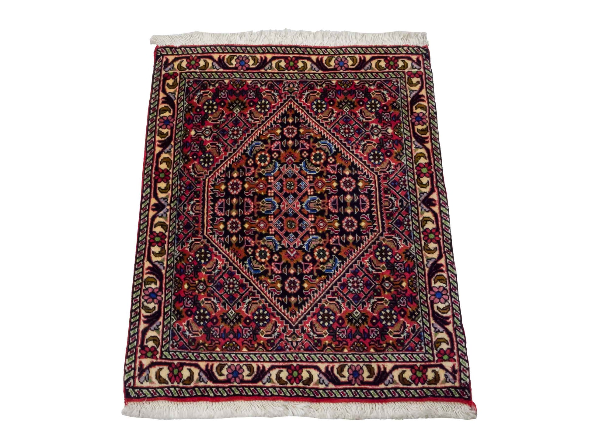 Handgeknüpfter Bidjar Sandjan Perserteppich von Khademi aus Wolle, mehrfarbig. Kurdischer Dorfteppich mit geometrischem Medaillon. Von Hand geknüpft in Iran. Größe: 60 cm x 50 cm. Teppichnummer: DB3-1055. Verkauf durch Jupiter Intl.