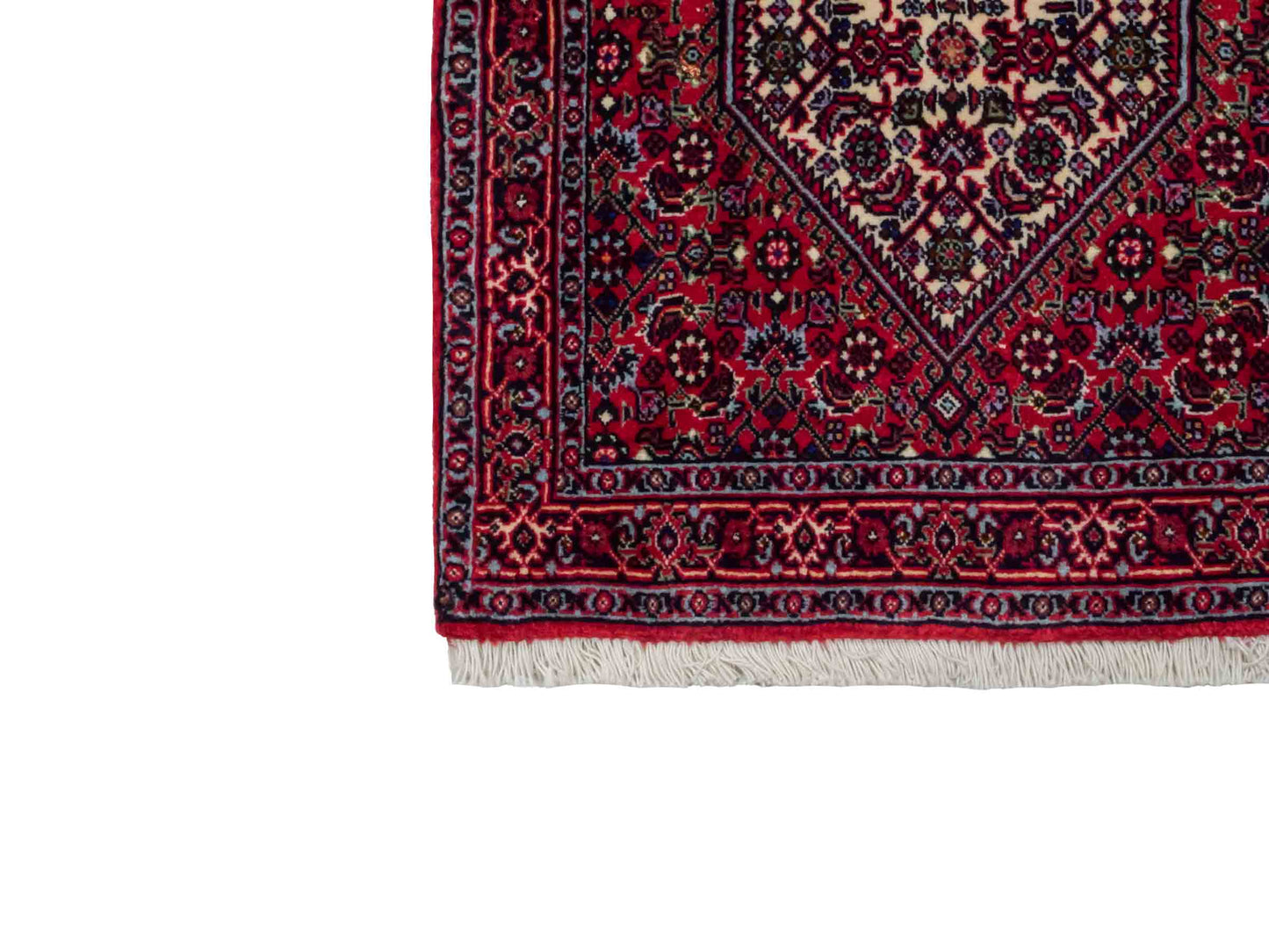 Handgeknüpfter Bidjar Sandjan Perserteppich von Khademi aus Wolle, rot. Kurdischer Dorfteppich mit geometrischem Medaillon. Von Hand geknüpft in Iran. Größe: 60 cm x 50 cm. Teppichnummer: DB3-1056. Verkauf durch Jupiter Intl.