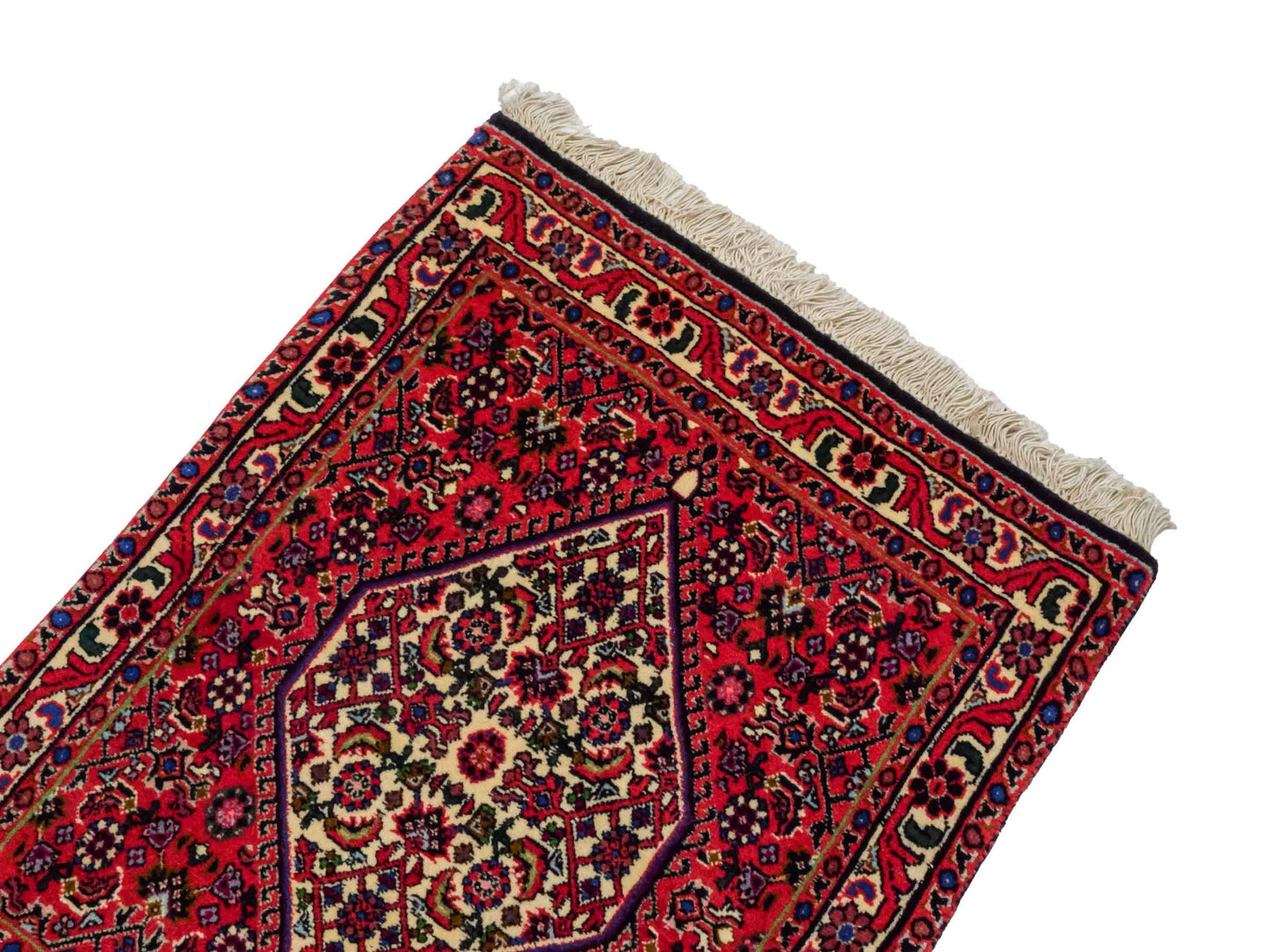 Handgeknüpfter Bidjar Sandjan Perserteppich von Khademi aus Wolle, rot. Kurdischer Dorfteppich mit geometrischem Medaillon. Von Hand geknüpft in Iran. Größe: 60 cm x 50 cm. Teppichnummer: DB3-1057. Verkauf durch Jupiter Intl.