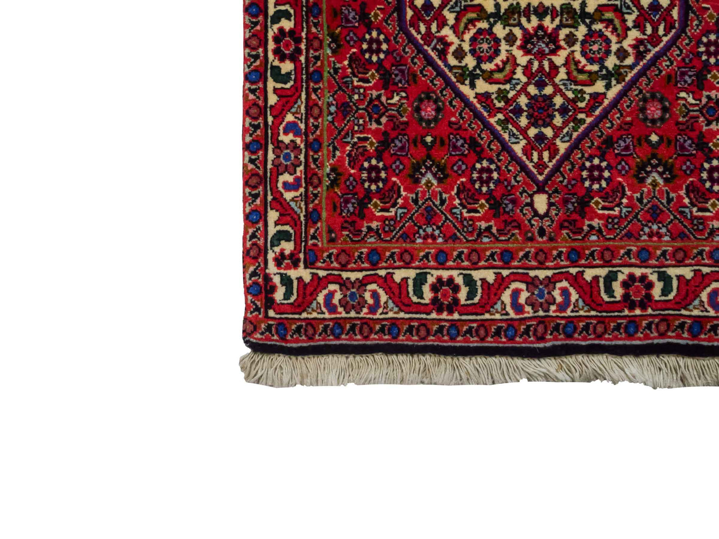 Handgeknüpfter Bidjar Sandjan Perserteppich von Khademi aus Wolle, rot. Kurdischer Dorfteppich mit geometrischem Medaillon. Von Hand geknüpft in Iran. Größe: 60 cm x 50 cm. Teppichnummer: DB3-1057. Verkauf durch Jupiter Intl.