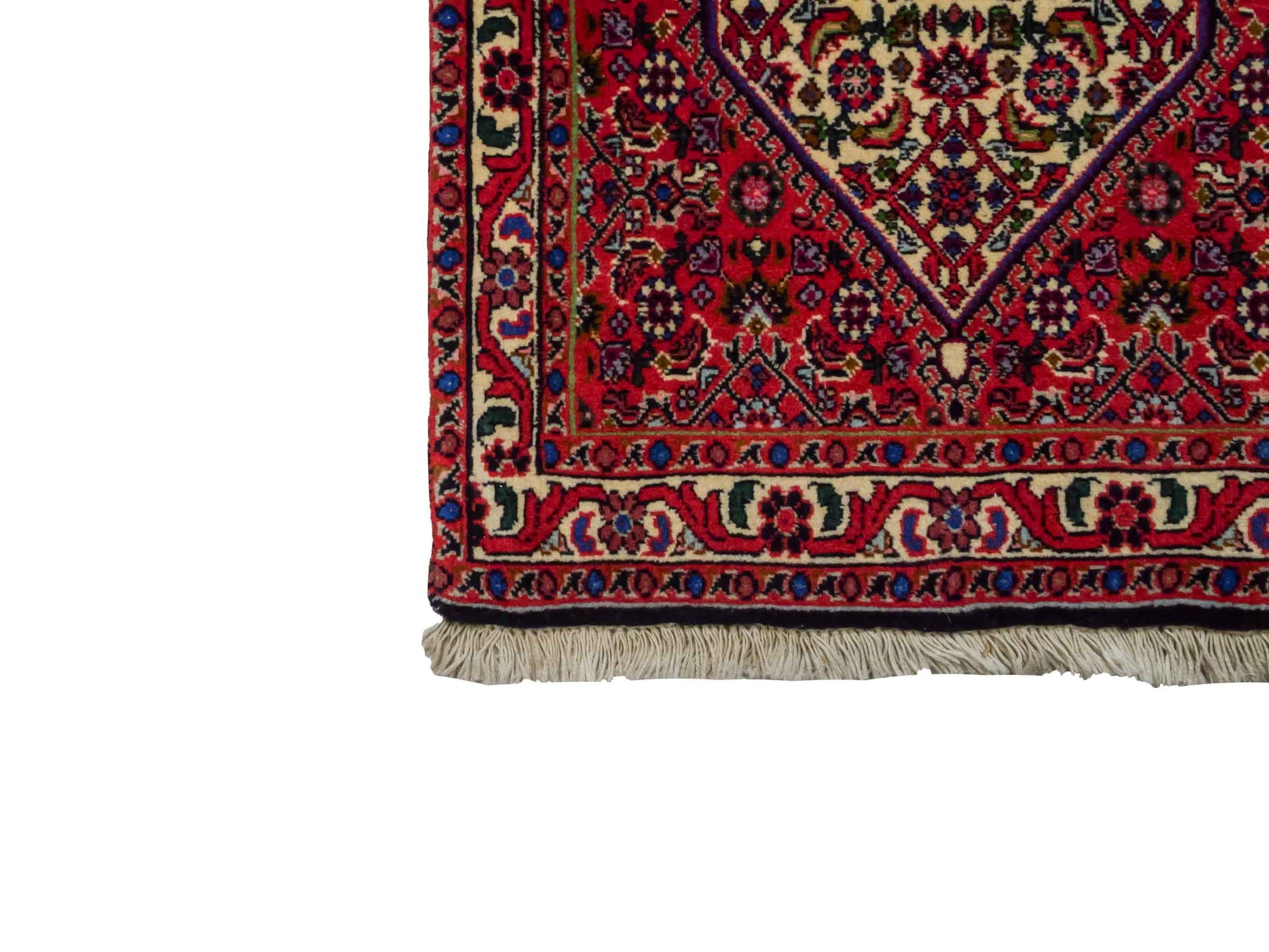 Handgeknüpfter Bidjar Sandjan Perserteppich von Khademi aus Wolle, rot. Kurdischer Dorfteppich mit geometrischem Medaillon. Von Hand geknüpft in Iran. Größe: 60 cm x 50 cm. Teppichnummer: DB3-1057. Verkauf durch Jupiter Intl.