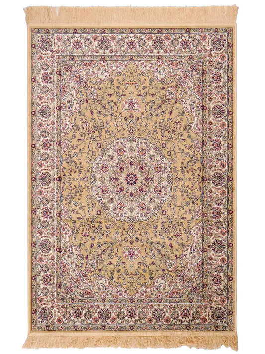 Belgischer, maschinell gefertigter Design Orientteppich aus Kunstseide, creme, beige. 139x97 cm. Verkauf durch Jupiter Intl.