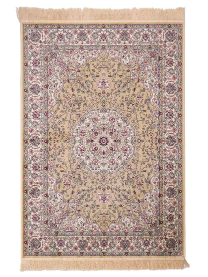 Belgischer, maschinell gefertigter Design Orientteppich aus Kunstseide, beige, creme. 140x98 cm. Verkauf durch Jupiter Intl.