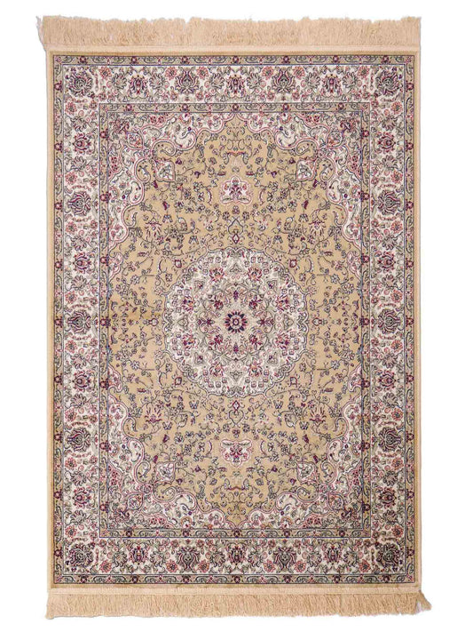 Belgischer, maschinell gefertigter Design Orientteppich aus Kunstseide, beige, creme. 140x98 cm. Verkauf durch Jupiter Intl.