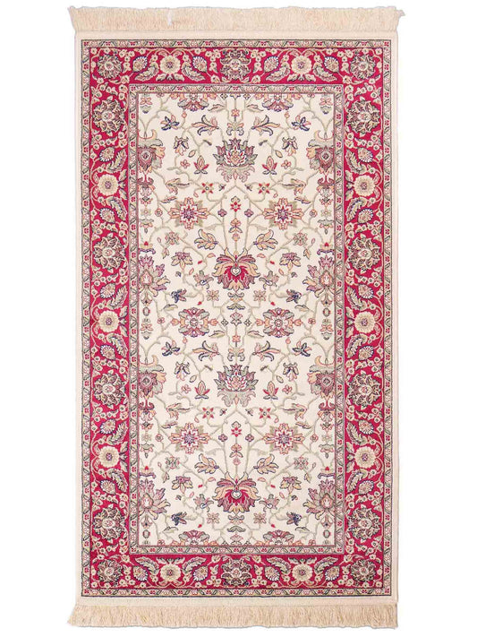 Belgischer, maschinell gefertigter Orientteppich aus Kunstseide, creme, weiß, rot. 152x79 cm. Verkauf durch Jupiter Intl.