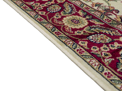 Belgischer, maschinell gefertigter Orientteppich aus Kunstseide, creme, weiß, rot. 152x79 cm. Verkauf durch Jupiter Intl.