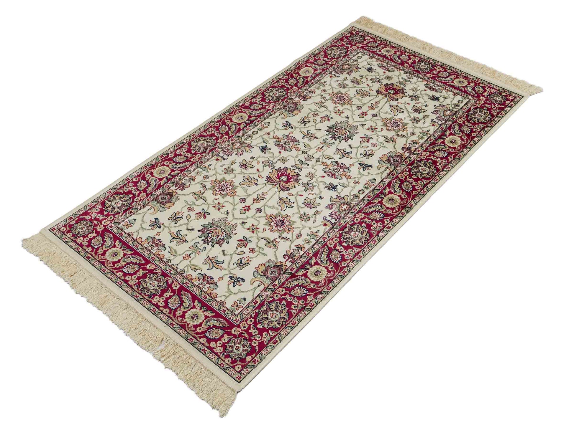 Belgischer, maschinell gefertigter Orientteppich aus Kunstseide, creme, weiß, rot. 152x79 cm. Verkauf durch Jupiter Intl.